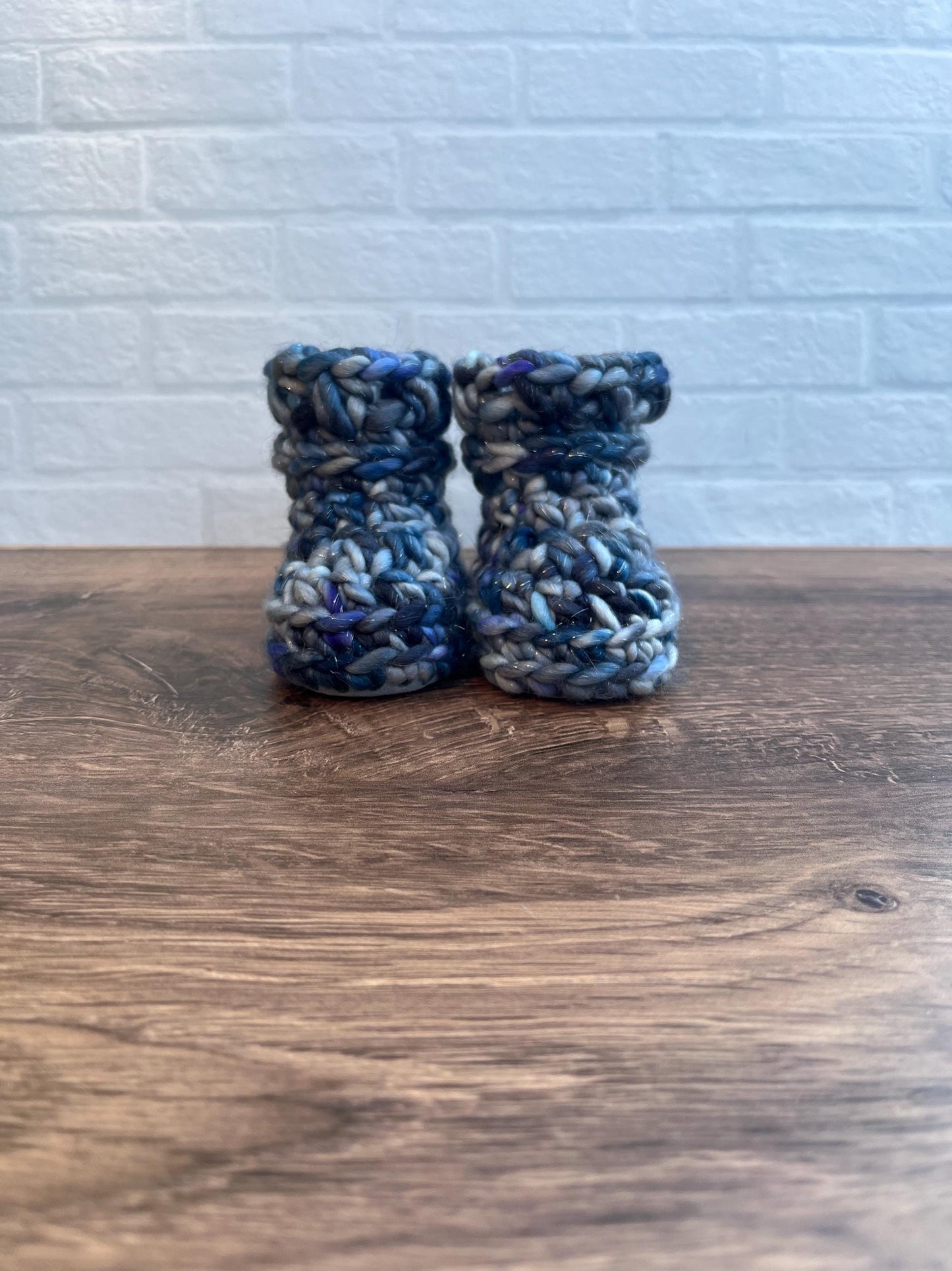 3-6 months - Luxury Sparkly Grey Blue “My First Christmas” Merino Wool Crochet Baby Booties - Hand Crocheted Baby Booties w Hand Dyed Yarn
