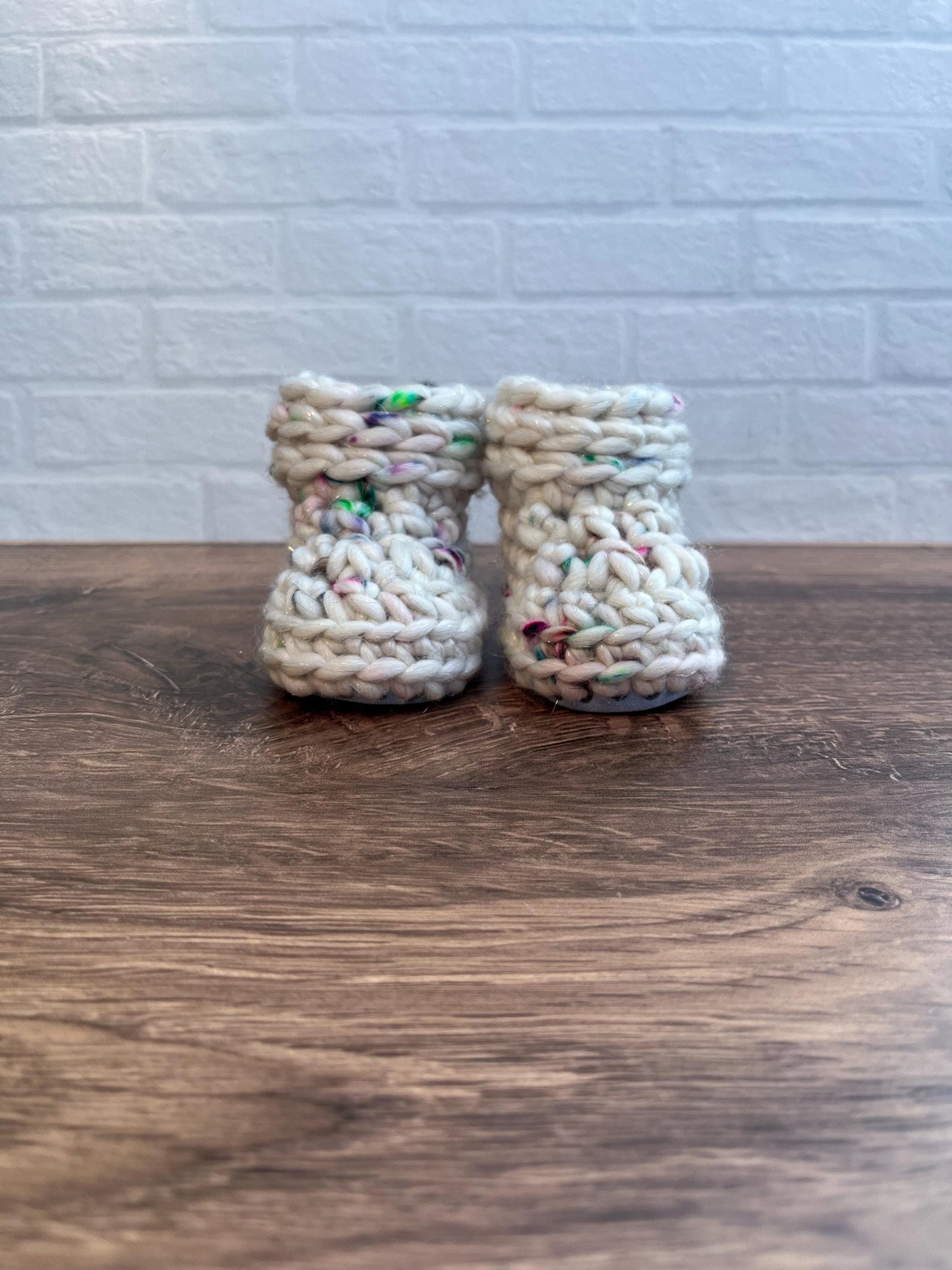 3-6 months - Luxury Sparkly White Rainbow Speckled “My First Christmas” Merino Wool Crochet Baby Booties - Hand Crocheted w Hand Dyed Yarn