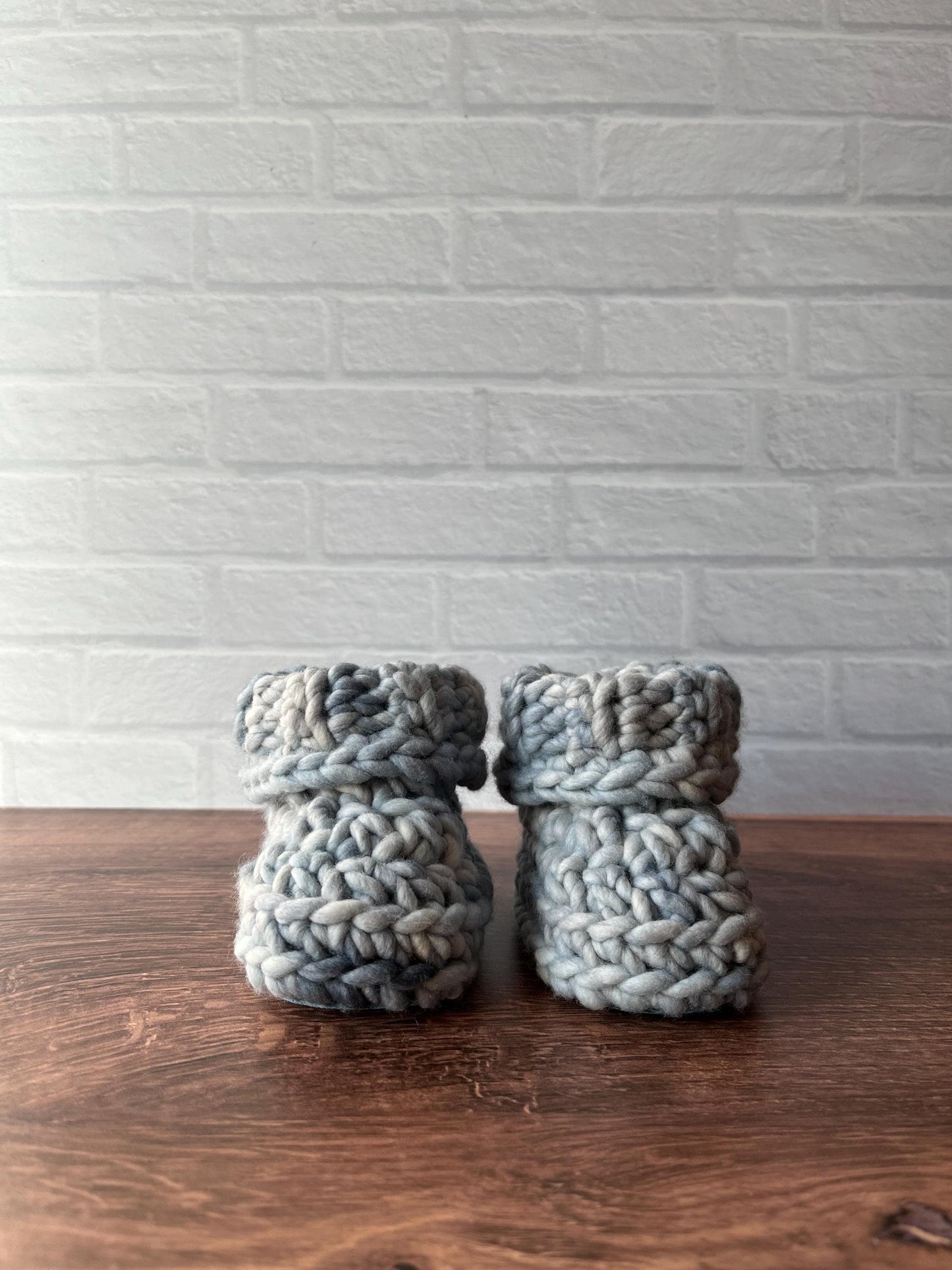 3-6 months - Luxury Grey Blue “I’m Snow Cute” Merino Wool Crochet Baby Booties - Hand Crocheted Baby Booties with Hand Dyed Yarn