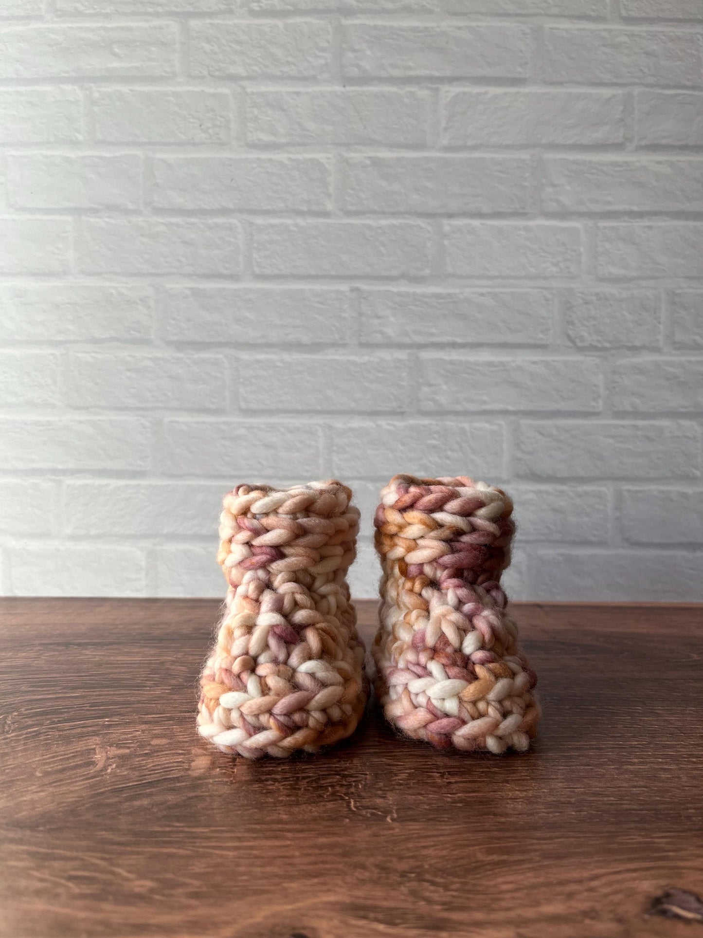 0-3 months - Luxury Mauve “Hello I’m New Here” Merino Wool Crochet Baby Booties - Hand Crocheted Baby Booties with Hand Dyed Yarn