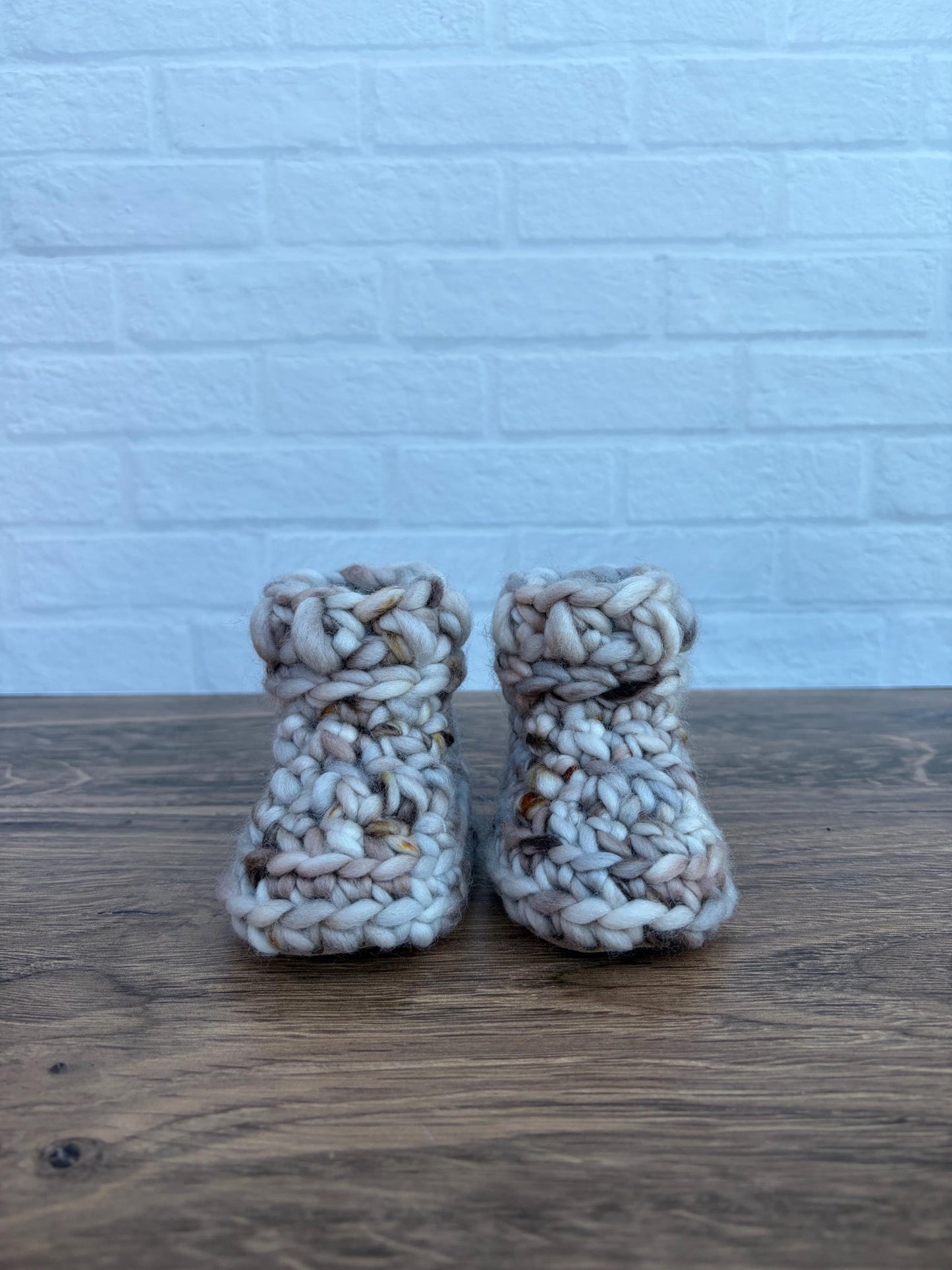 3-6 months - Luxury Beige “Hello I’m New Here” Merino Wool Crochet Baby Booties - Hand Crocheted Baby Booties with Hand Dyed Yarn