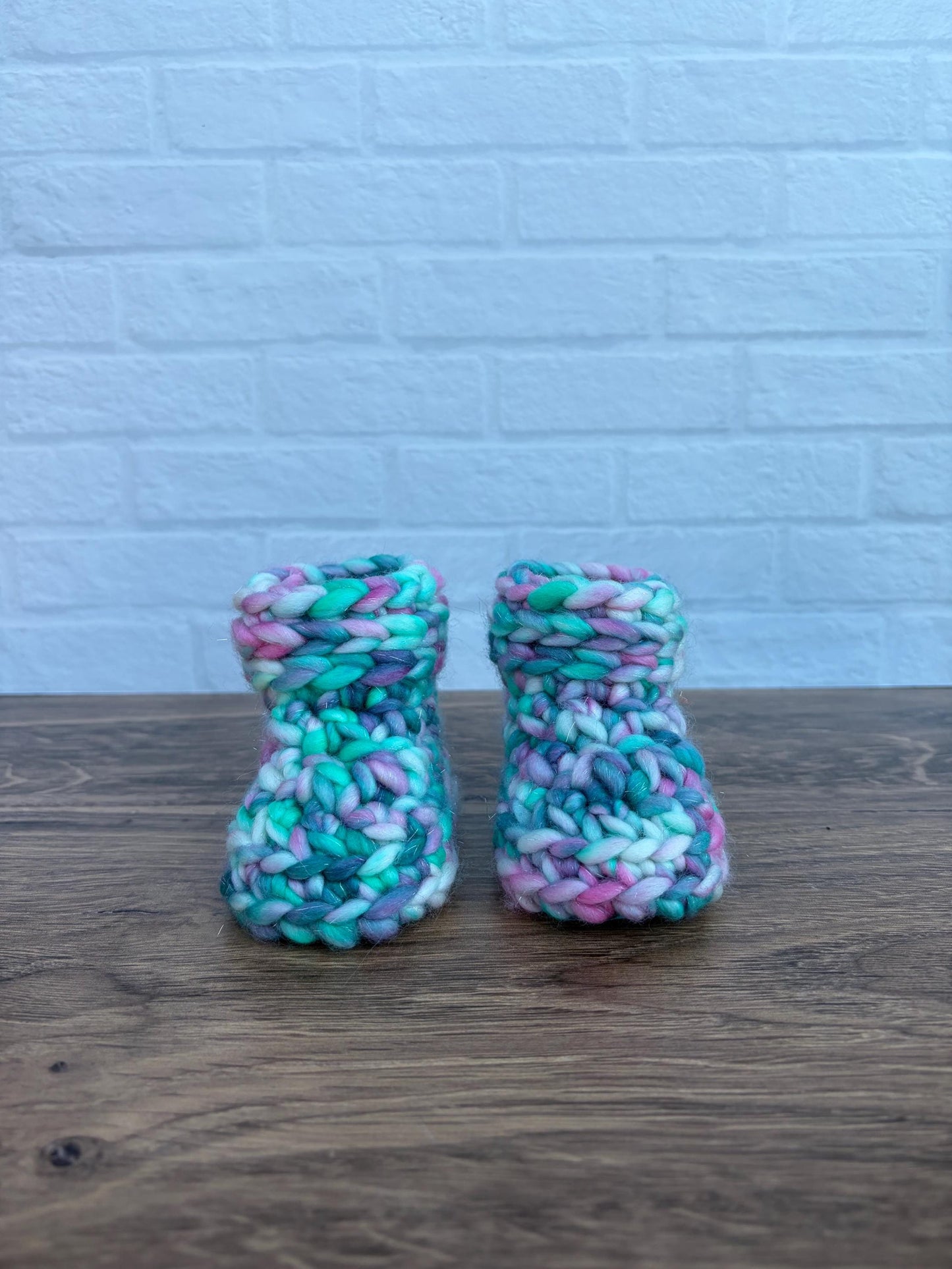 3-6 months - Luxury Sparkly Pink and Teal Hearts Merino Wool Crochet Baby Booties - Hand Crocheted Baby Booties with Hand Dyed Yarn