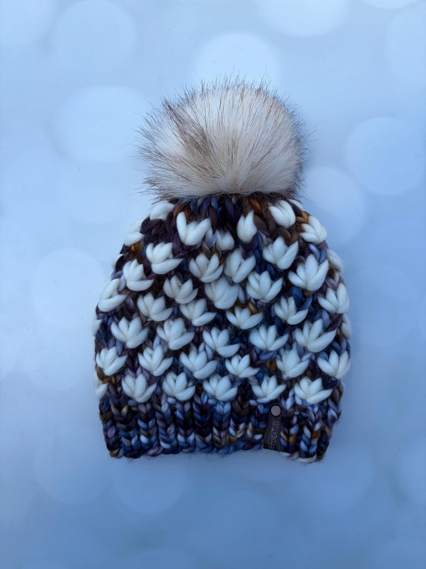 Luxury White Navy Brown Purple Merino Wool Knit Hat - Moody Lotus Flower Beanie Hand Knit Hat with Hand Dyed Yarn
