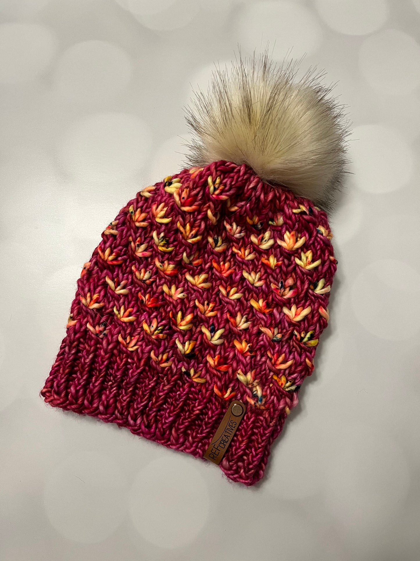 Luxury Pink Merino Wool Knit Hat - Pink and Yellow Lotus Flower Beanie Hand Knit Hat with Hand Dyed Yarn