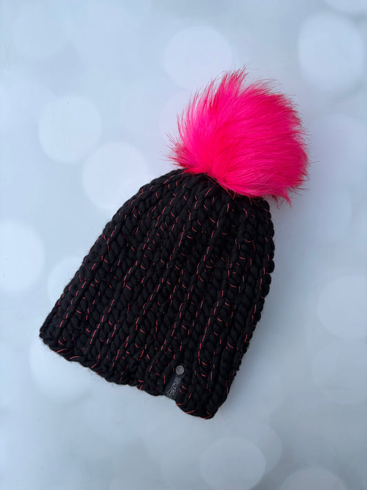 Black Knit Hat - Black and Pink Beanie Hand Knit Hat with Hand Painted Yarn