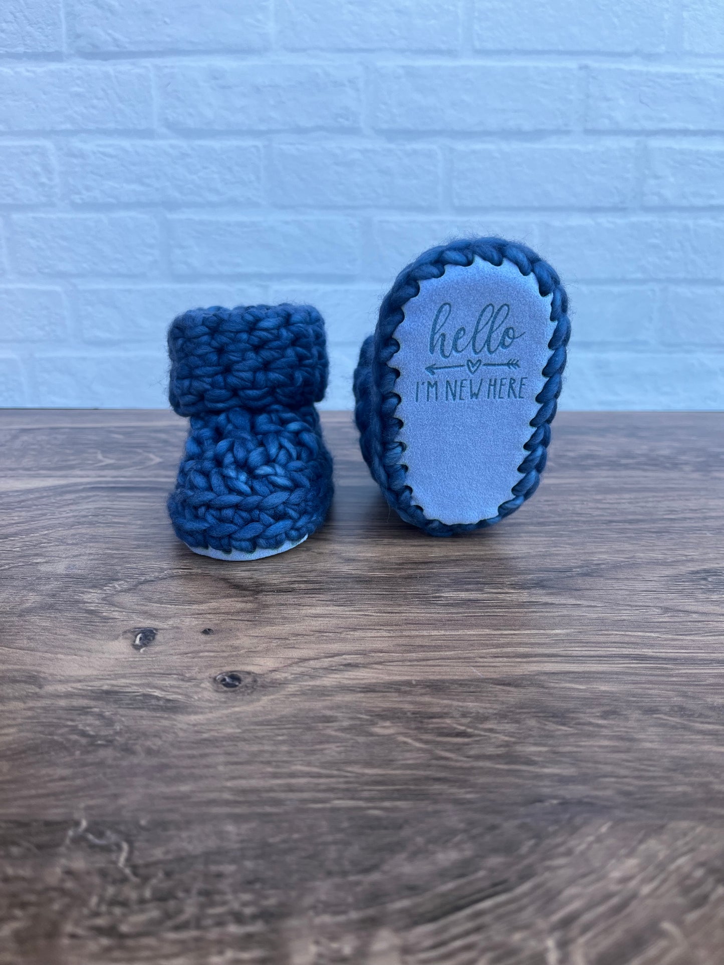 Custom Order for Linda: 3-6 months - Luxury Blue “Hello I’m New Here” Merino Wool Crochet Baby Booties - Hand Crocheted Baby Booties with Hand Dyed Yarn