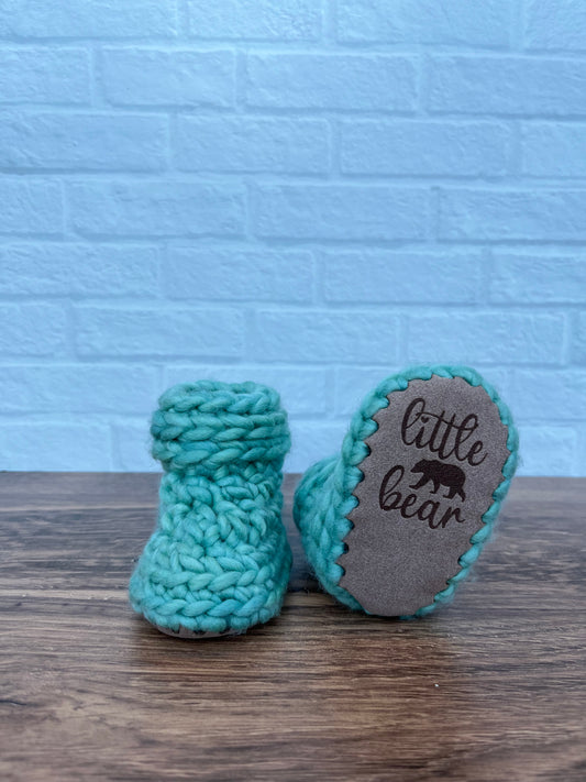 Custom Order for Linda: 3-6 months - Luxury Green “Little Bear” Merino Wool Crochet Baby Booties - Hand Crocheted Baby Booties with Hand Dyed Yarn