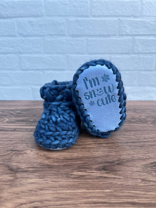 Custom Order for Linda: 3-6 months - Luxury Blue “I’m Snow Cute” Merino Wool Crochet Baby Booties - Hand Crocheted Baby Booties with Hand Dyed Yarn