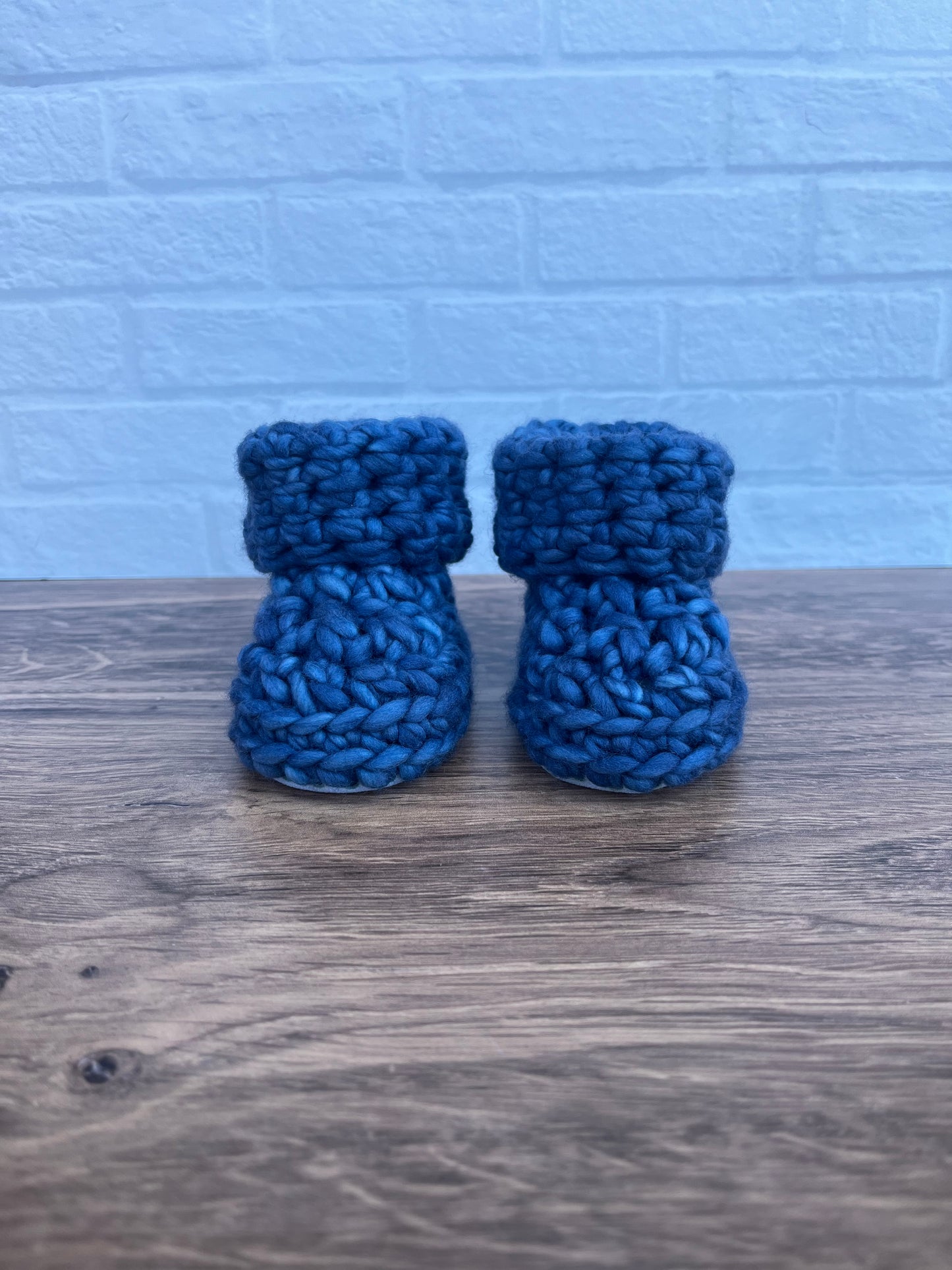 Custom Order for Linda: 3-6 months - Luxury Blue “Hello I’m New Here” Merino Wool Crochet Baby Booties - Hand Crocheted Baby Booties with Hand Dyed Yarn