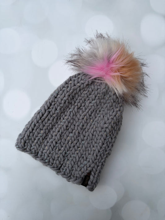 Grey Knit Hat - Grey and Metallics Beanie Hand Knit Hat with Hand Painted Yarn