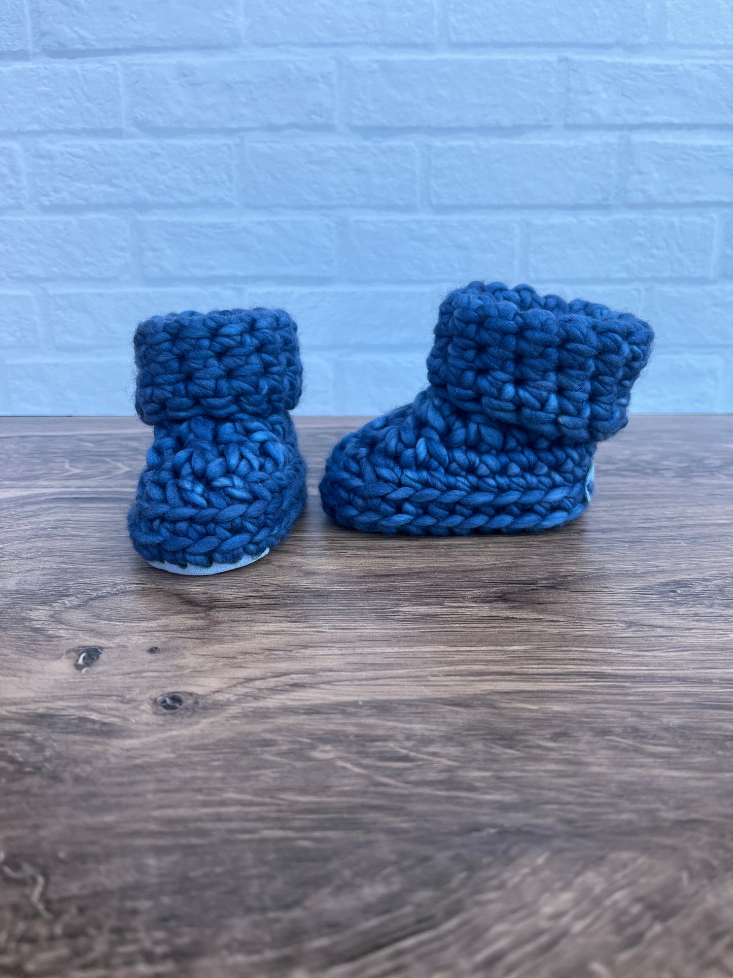 Custom Order for Linda: 3-6 months - Luxury Blue “Hello I’m New Here” Merino Wool Crochet Baby Booties - Hand Crocheted Baby Booties with Hand Dyed Yarn