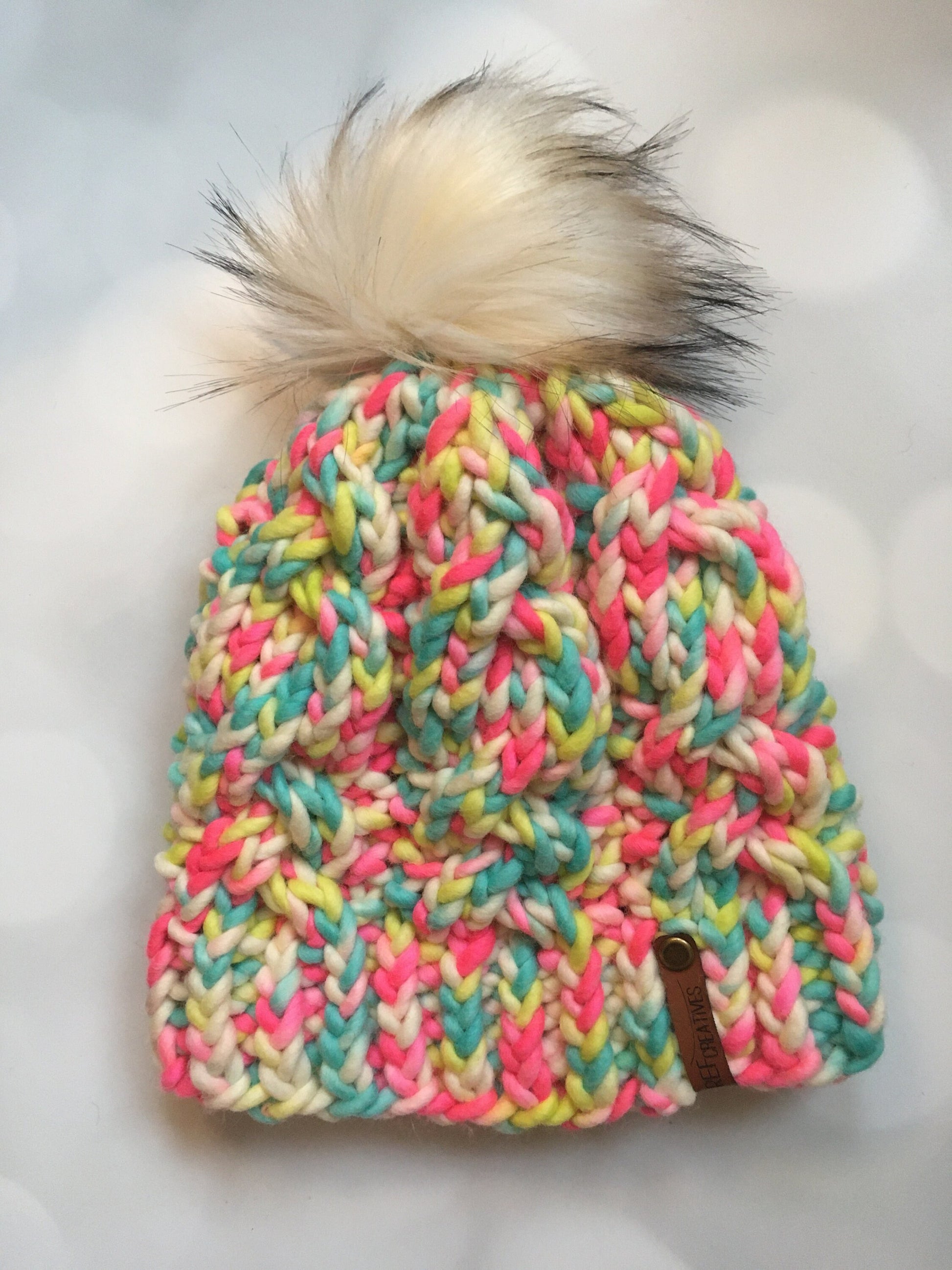 Neon Twist Hand Knit Hat