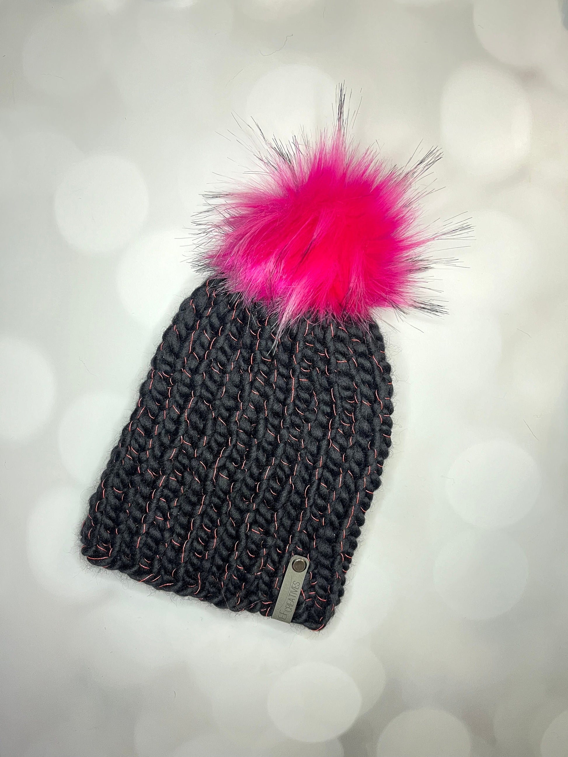 Black Knit Hat - Black and Pink Beanie Hand Knit Hat with Hand Painted Yarn