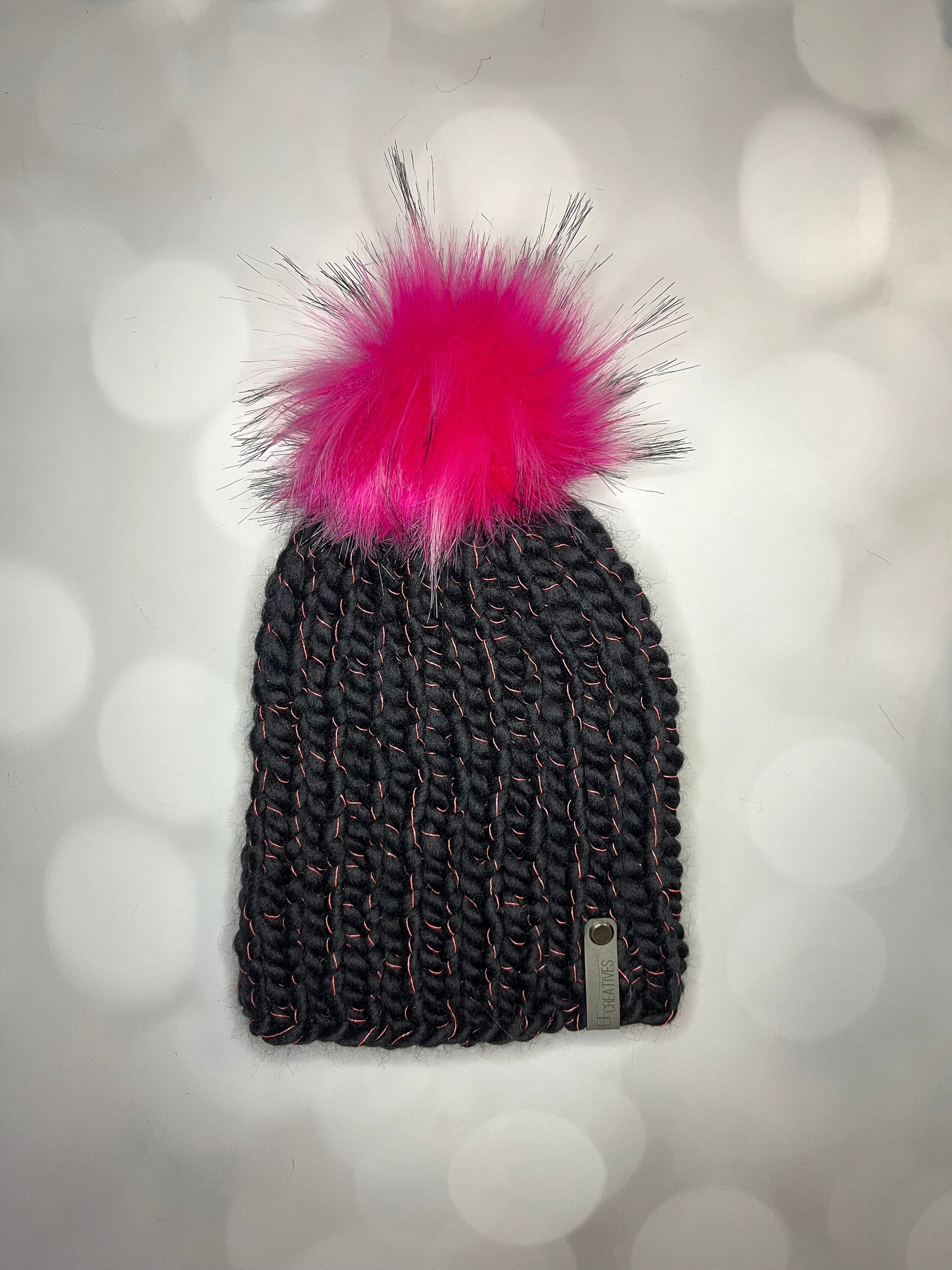 Black Knit Hat - Black and Pink Beanie Hand Knit Hat with Hand Painted Yarn