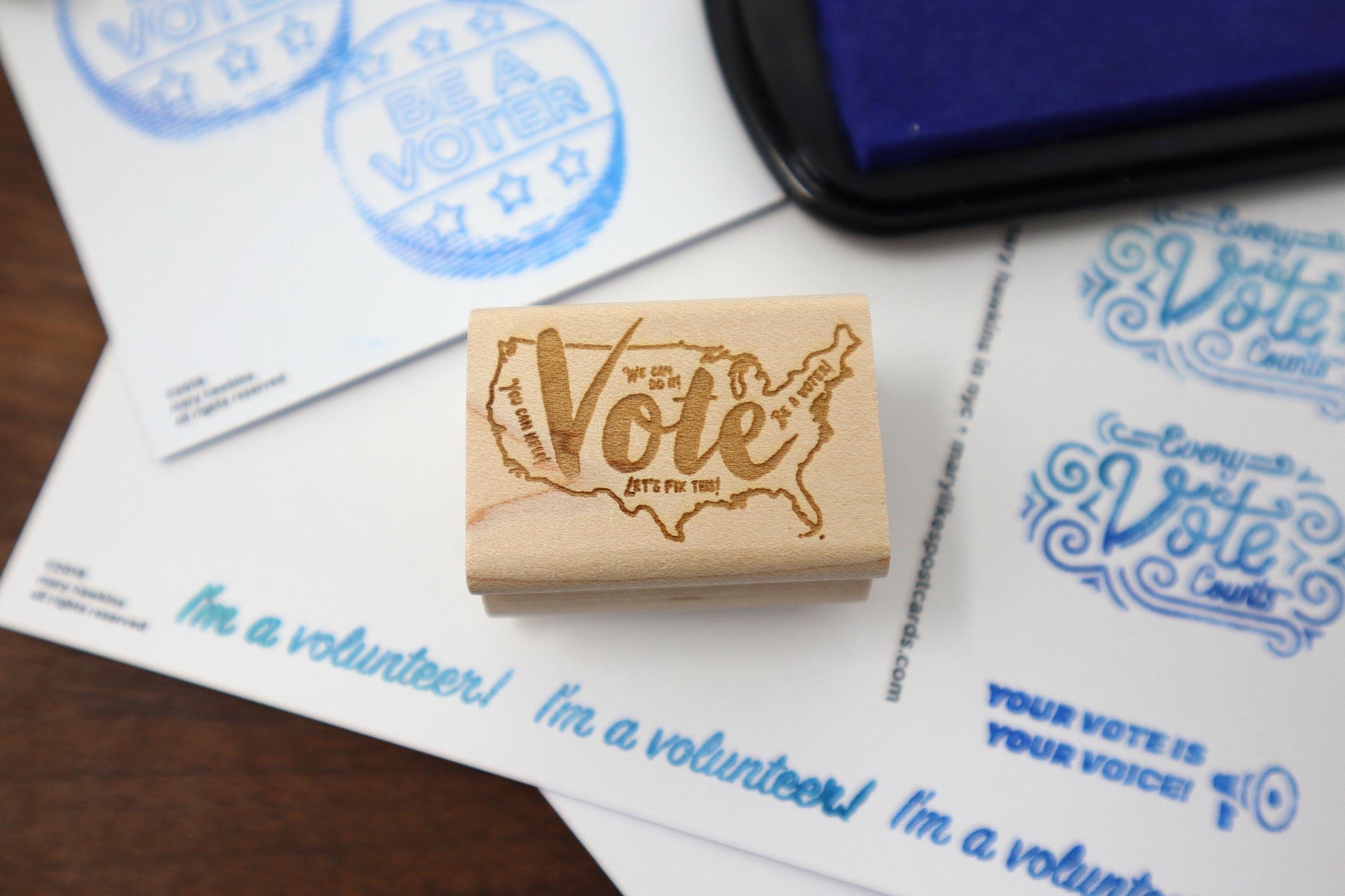 Mary Likes Postcards Vote with a map of the USA. A rubber stamp for your postcards and scrapbooking, perfect for get out the vote