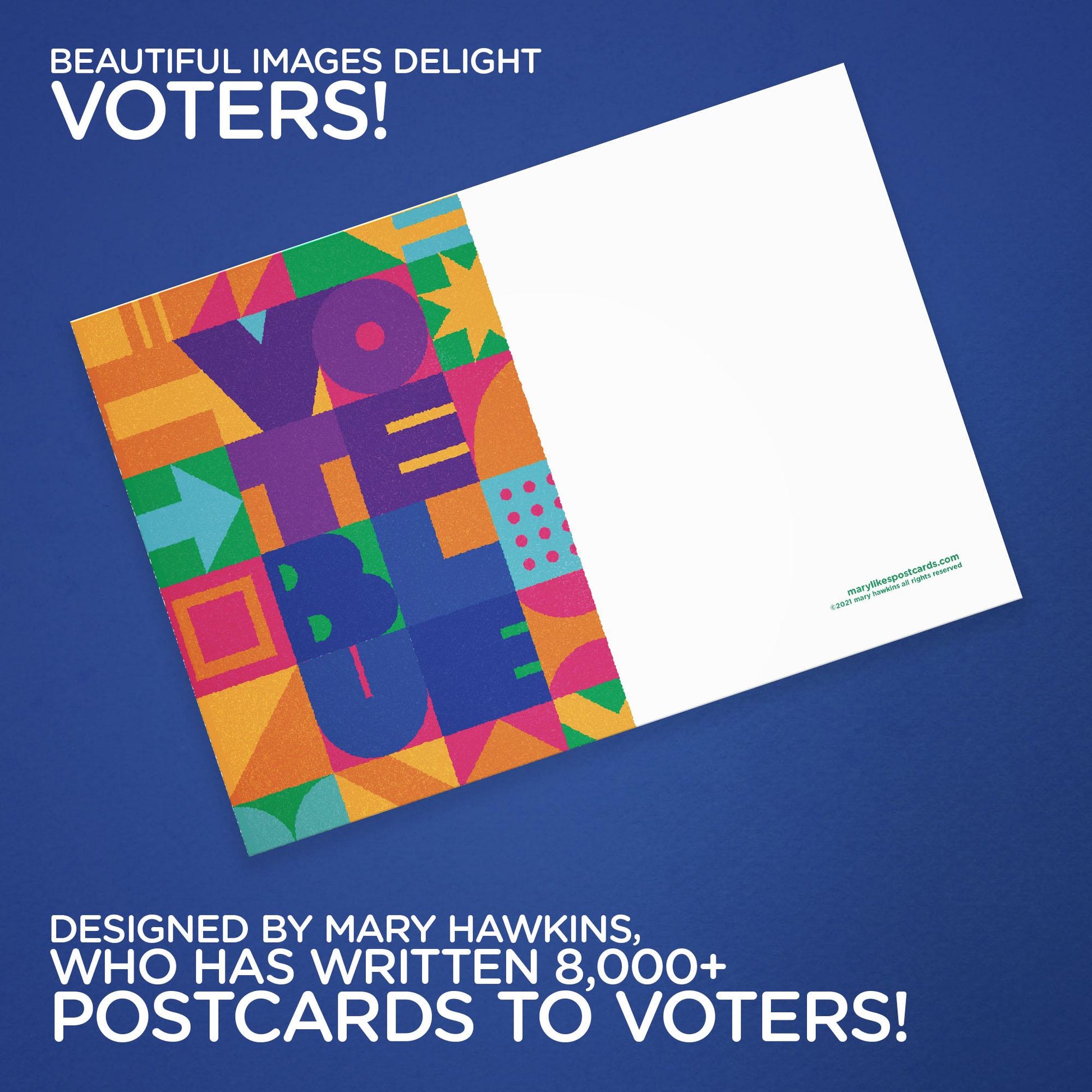 Mary Likes Postcards Vote Blue! Set of 100 vote postcards, perfect for Postcards to Voters and other get out the vote campaigns (BLANK BACK)