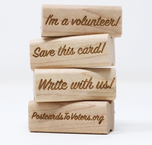 Mary Likes Postcards Rubber stamps for GOTV postcard campaigns "Save this Card!" "Write with us!" "I'm a volunteer!" "postcardstovoters.org"