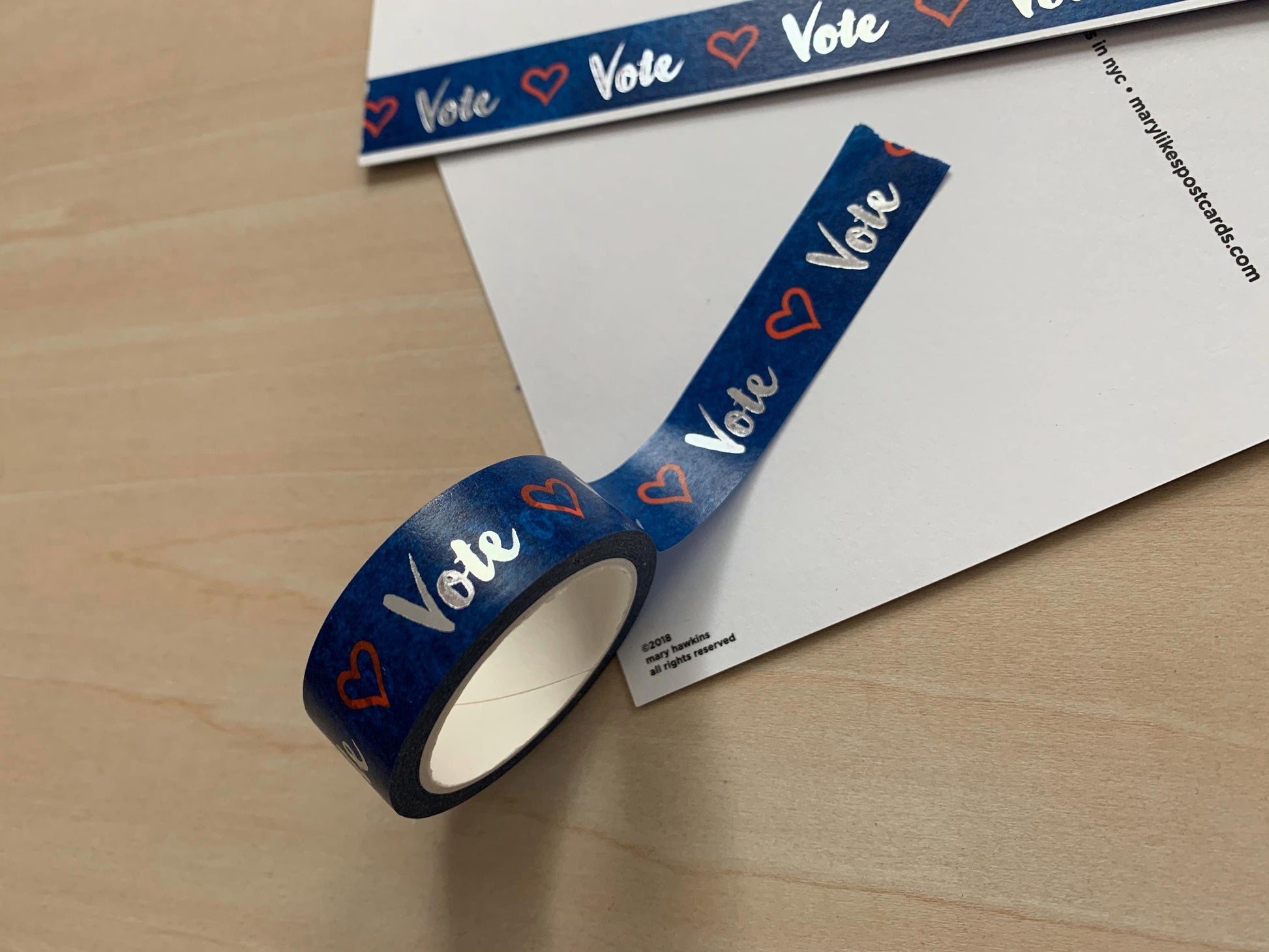 Mary Likes Postcards Blue and silver "Vote!" washi tape, perfect for decorating your postcards to voters!