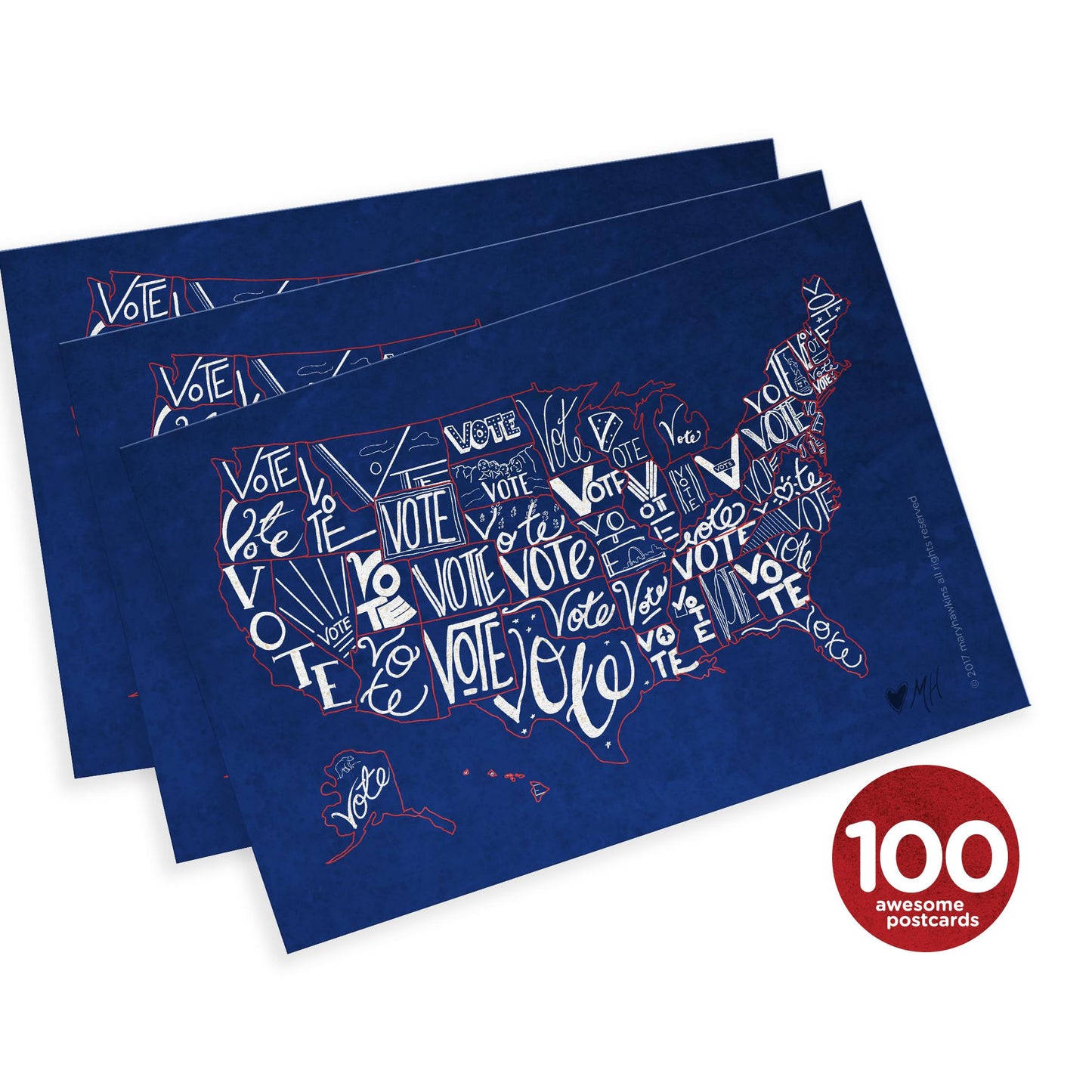 Mary Likes Postcards Set of 100 "Vote" US map postcards, perfect for Postcards to Voters and other get out the vote campaigns.