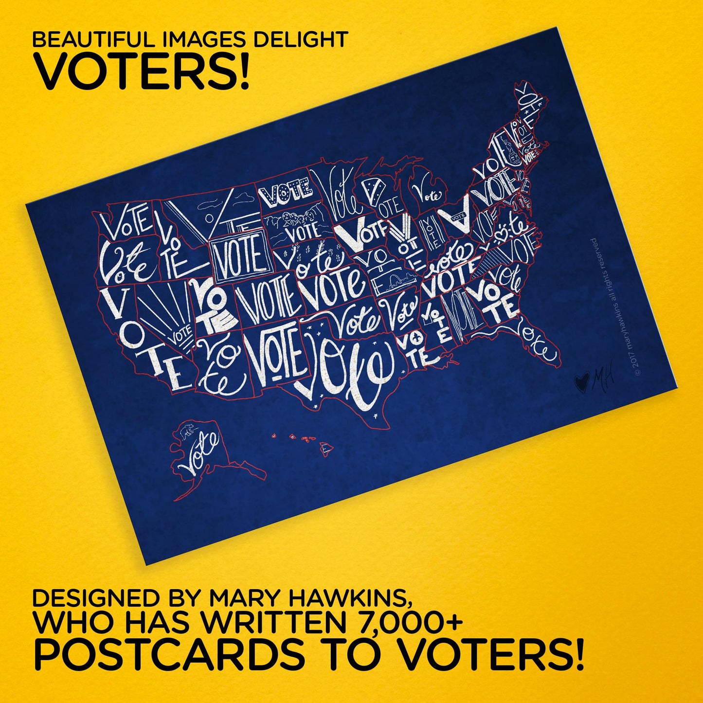 Mary Likes Postcards Set of 100 "Vote" US map postcards, perfect for Postcards to Voters and other get out the vote campaigns.