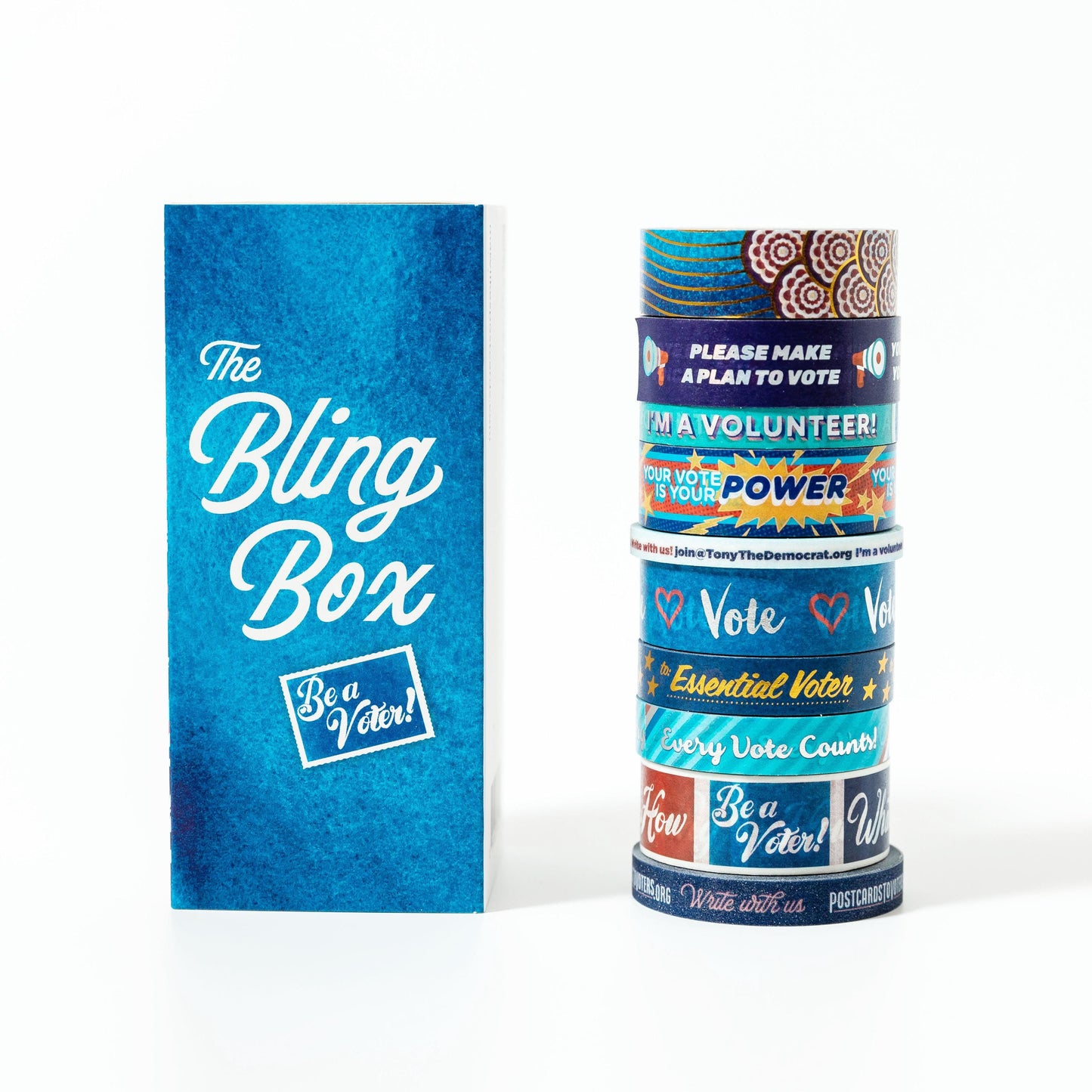 Mary Likes Postcards Bling Box Washi Tape Set, full of shiny designs that are perfect for decorating Postcards to Voters & GOTV Campaigns