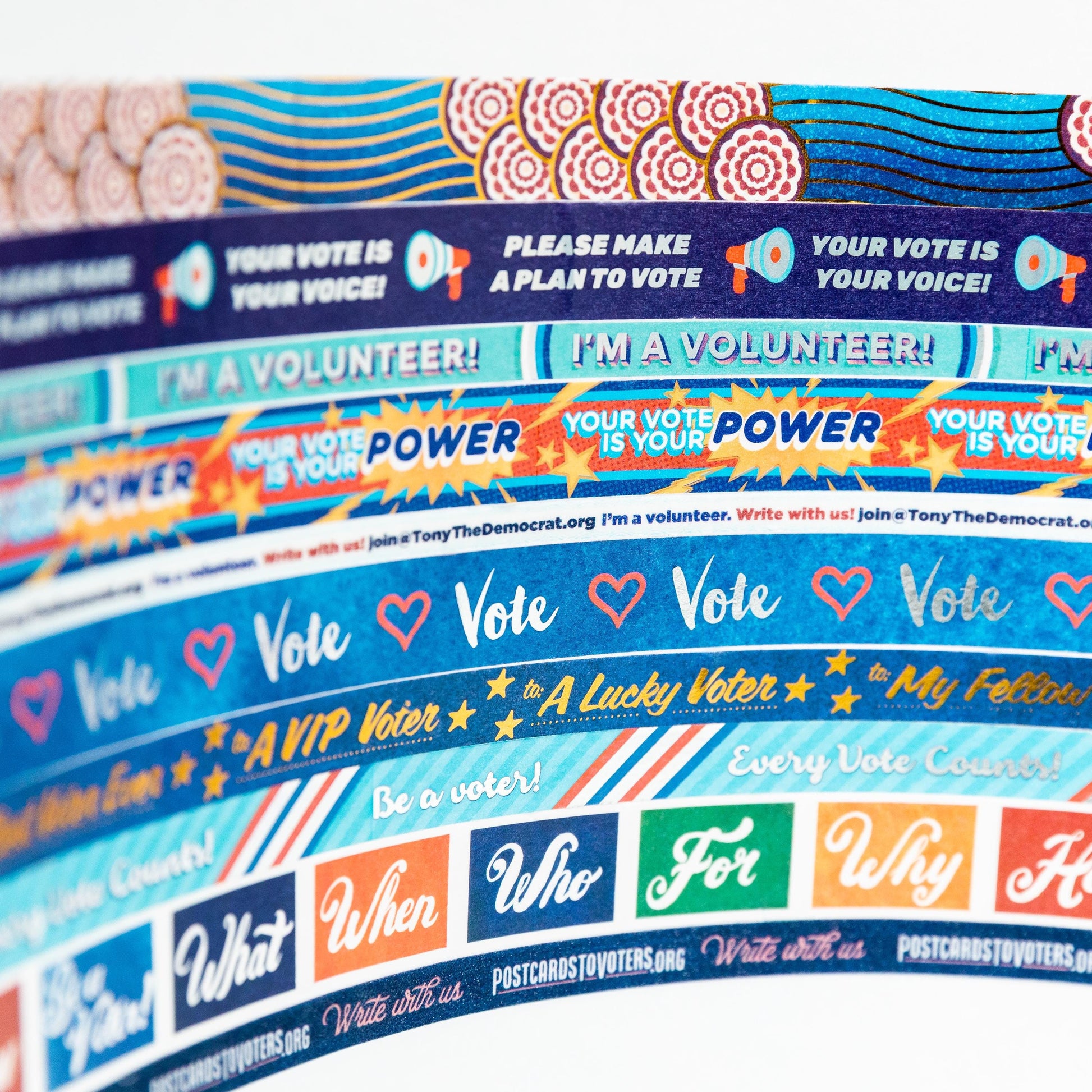 Mary Likes Postcards Bling Box Washi Tape Set, full of shiny designs that are perfect for decorating Postcards to Voters & GOTV Campaigns