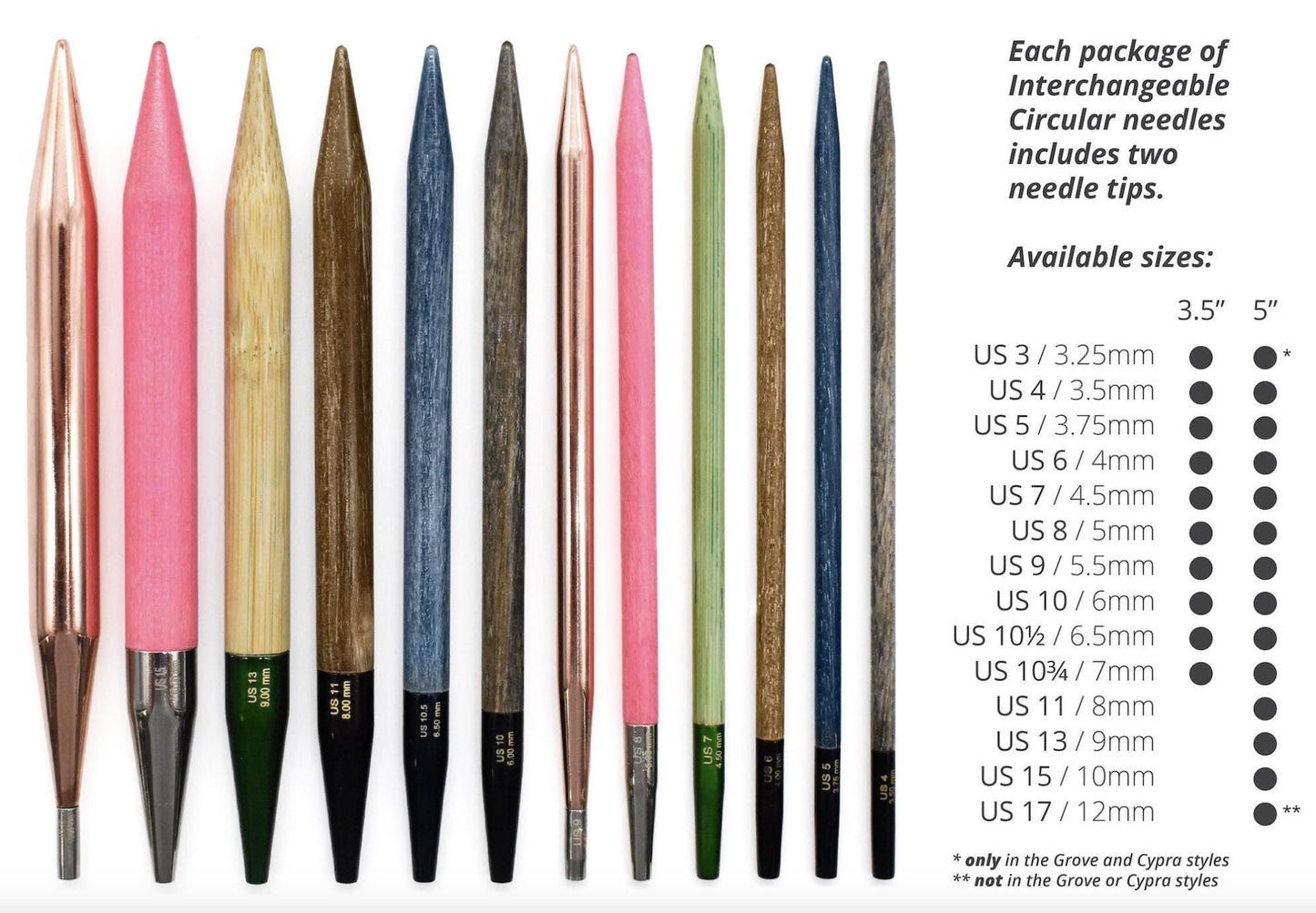 Lykke Knitting Needle Tips - 5" Interchangeable Needle Tips for Circular Needles - Blush, Colour, Cypra, Grove, Indigo, Umber