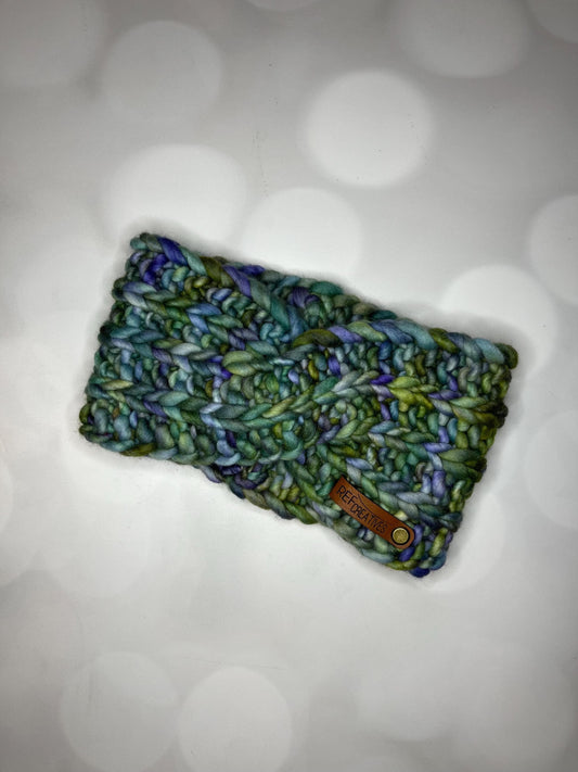 Luxury Green and Blue Hand Knit Ear Warmer with Hand Dyed Yarn