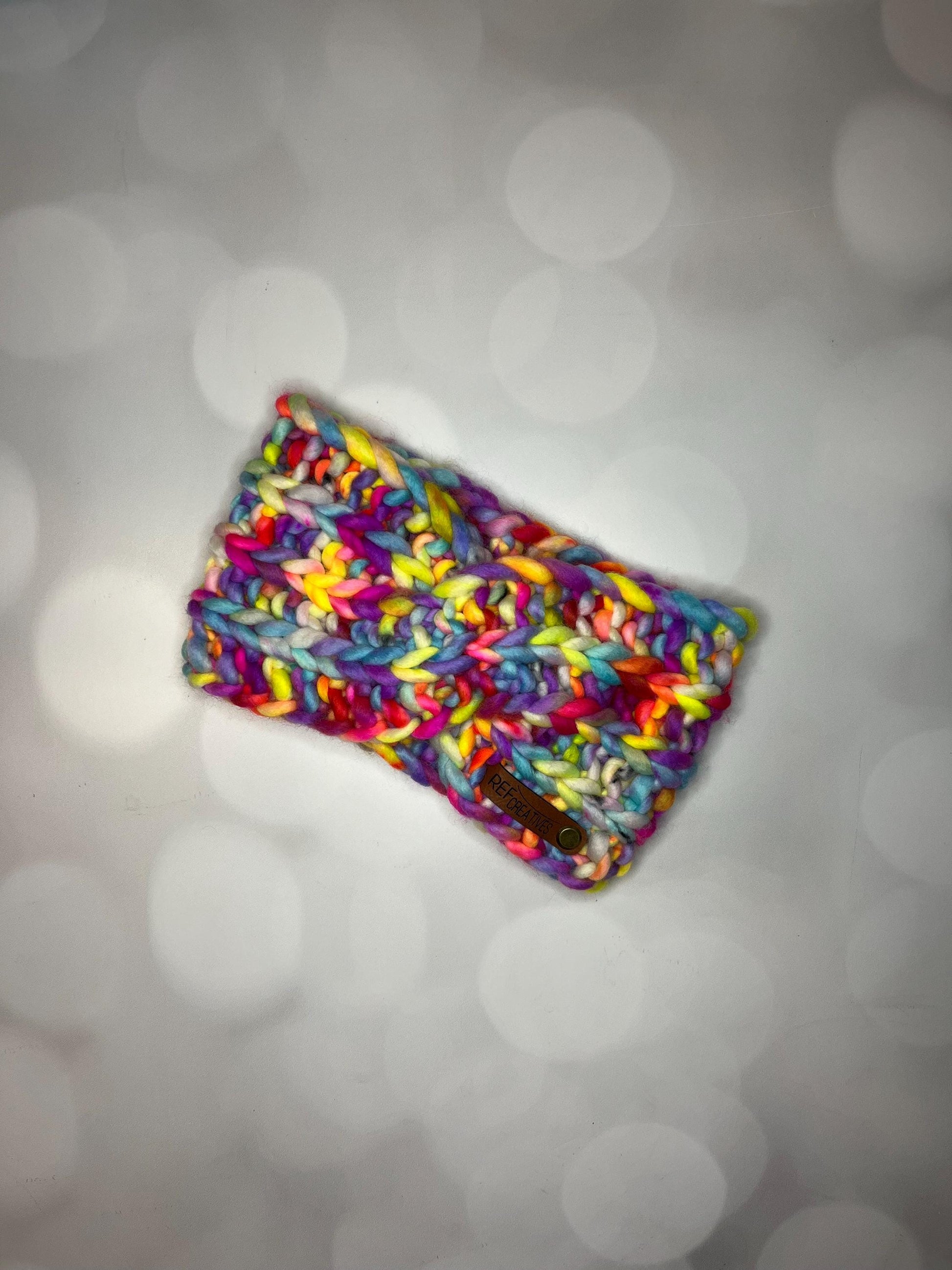 Luxury Electric Rainbow Hand Knit Ear Warmer with Hand Dyed Yarn