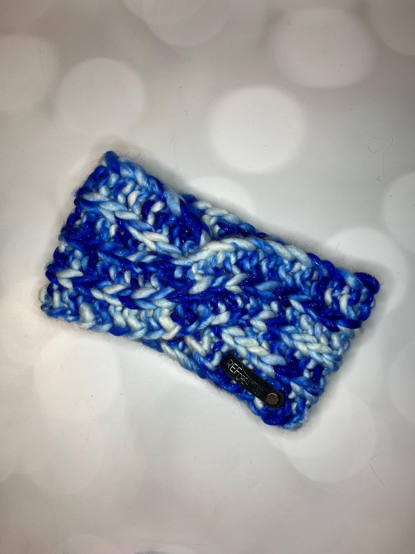 Luxury Sparkly Blue and White Hand Knit Ear Warmer with Hand Dyed Yarn