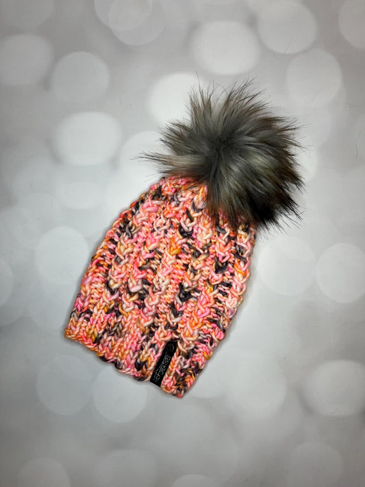 Luxury Pink and Orange Merino Wool Knit Hat - Neon Sherbert Twist Beanie Hand Knit Hat with Hand Dyed Yarn