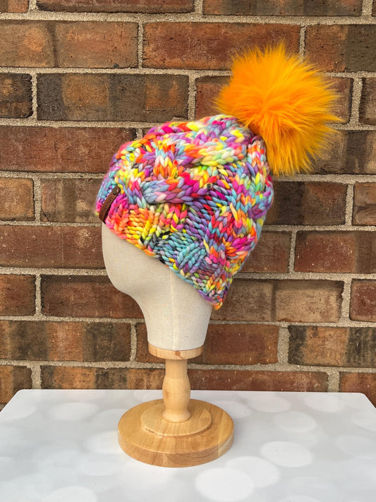 Luxury Neon Rainbow Cabled Merino Wool Knit Hat - Monster Cables Hand Knit Hat with Hand Dyed Yarn