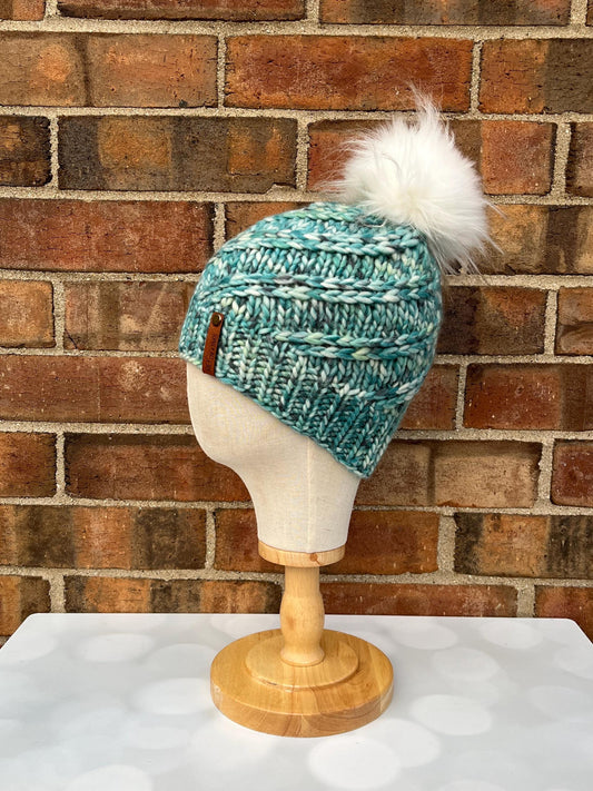 Luxury Teal Merino Wool Knit Hat - Teal and White Swirls Hand Knit Hat with Hand Dyed Yarn