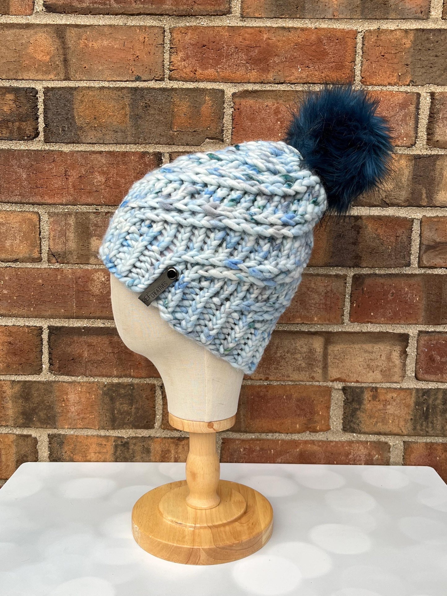 Luxury Blue Merino Wool Knit Hat - Snow Drifts Swirls Hand Knit Hat with Hand Dyed Yarn