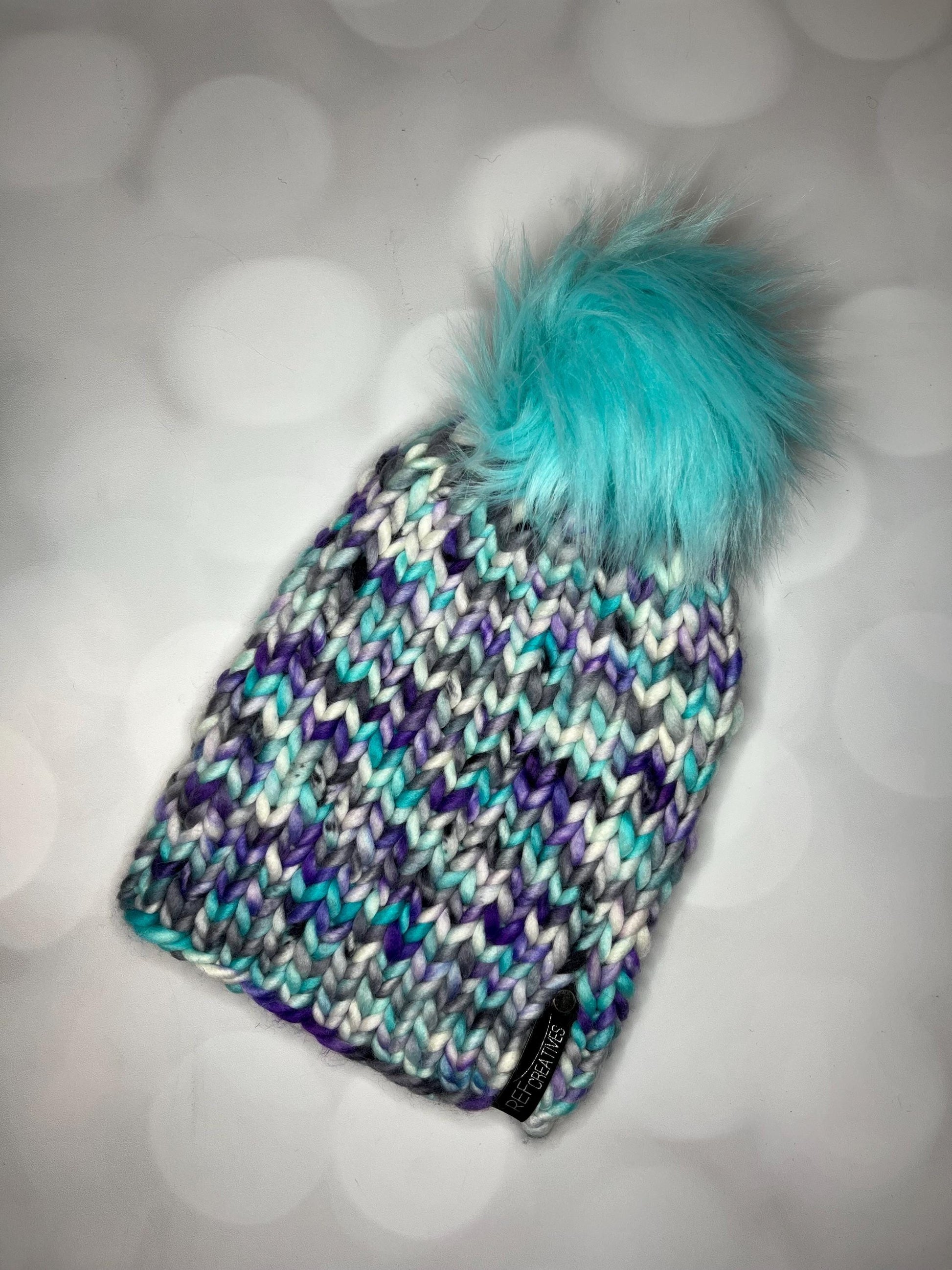 Luxury Purple and Aqua Merino Wool Ribbed Knit Hat - 90s Ski Bum Classic Beanie Hand Knit Hat with Hand Dyed Yarn
