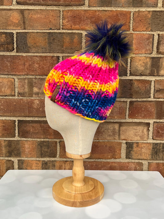 Luxury Bold Pink Merino Wool Ribbed Knit Hat - Pink Blue Yellow Classic Beanie Hand Knit Hat with Hand Dyed Yarn