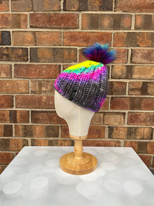 Luxury Sparkly Neon Merino Wool Ribbed Knit Hat - Disco Nights Classic Beanie Hand Knit Hat with Hand Dyed Yarn