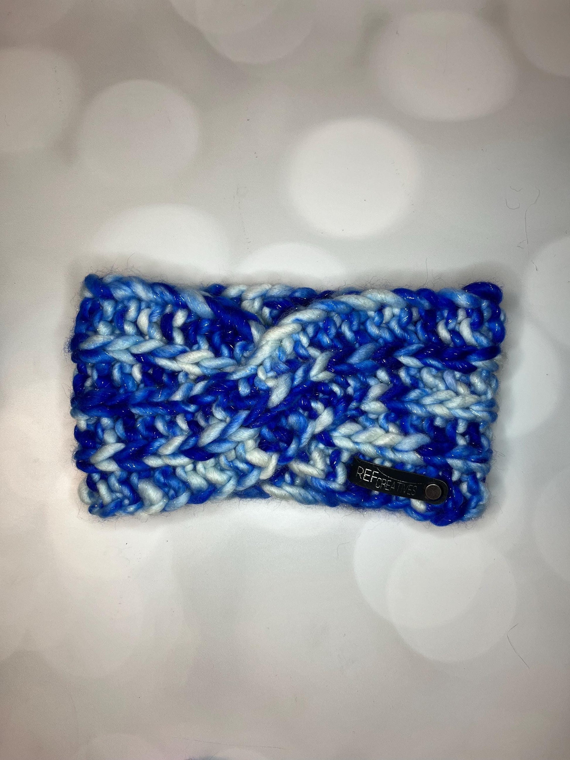 Luxury Sparkly Blue and White Hand Knit Ear Warmer with Hand Dyed Yarn