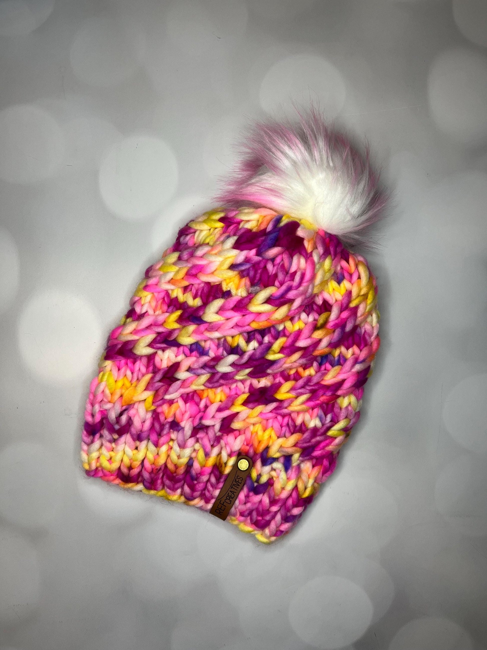 Luxury Pink and Yellow Merino Wool Knit Hat - Vivid Sunset Swirls Hand Knit Hat with Hand Dyed Yarn