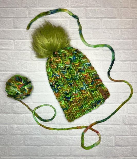 Luxury Green Merino Wool Knit Hat - Botanical Twist Beanie Hand Knit Hat with Hand Dyed Yarn