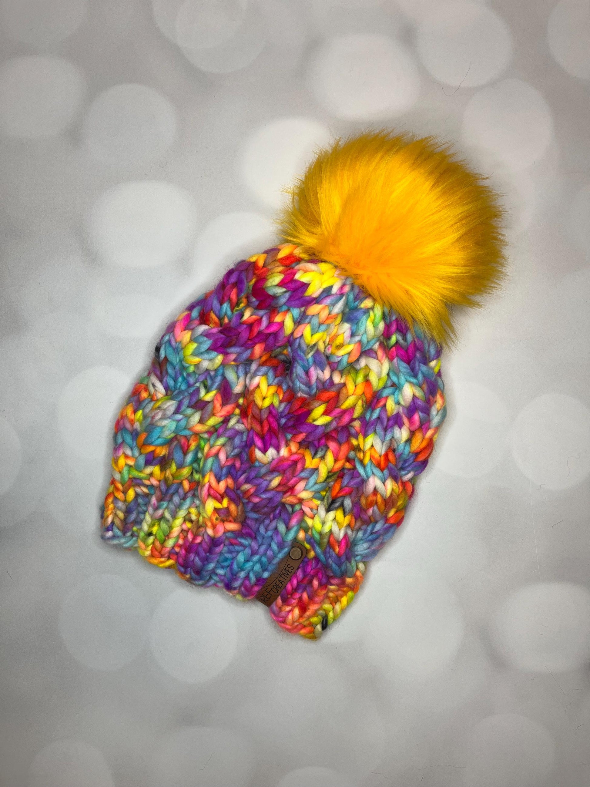 Luxury Neon Rainbow Cabled Merino Wool Knit Hat - Monster Cables Hand Knit Hat with Hand Dyed Yarn