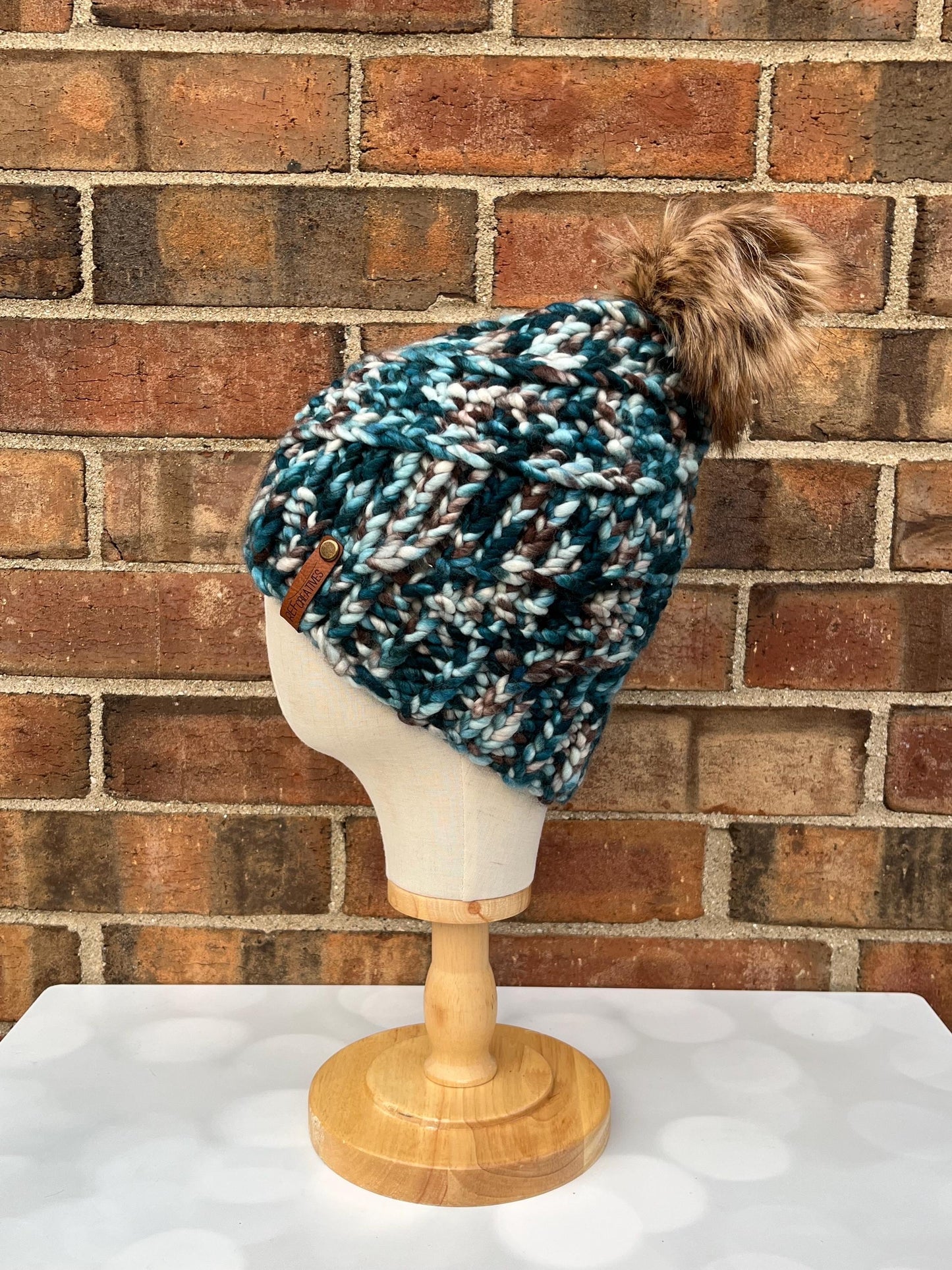 Luxury Blue Merino Wool Knit Hat - Java Blue Sidewinder Hand Knit Hat with Hand Dyed Yarn