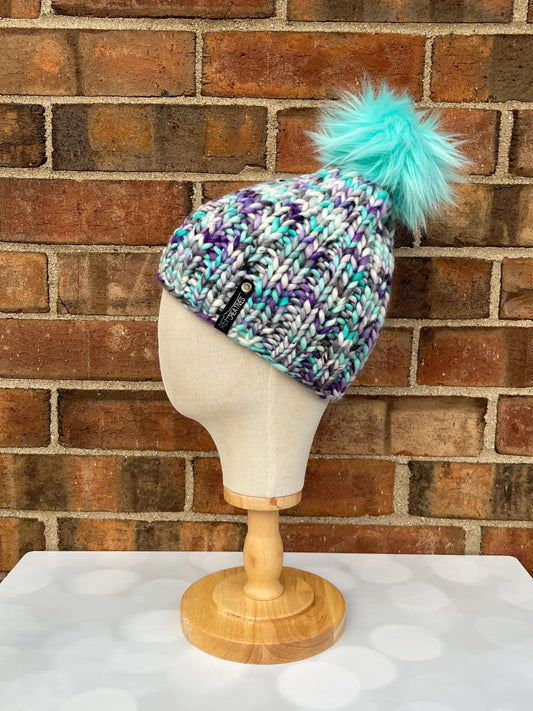 Luxury Purple and Aqua Merino Wool Ribbed Knit Hat - 90s Ski Bum Classic Beanie Hand Knit Hat with Hand Dyed Yarn