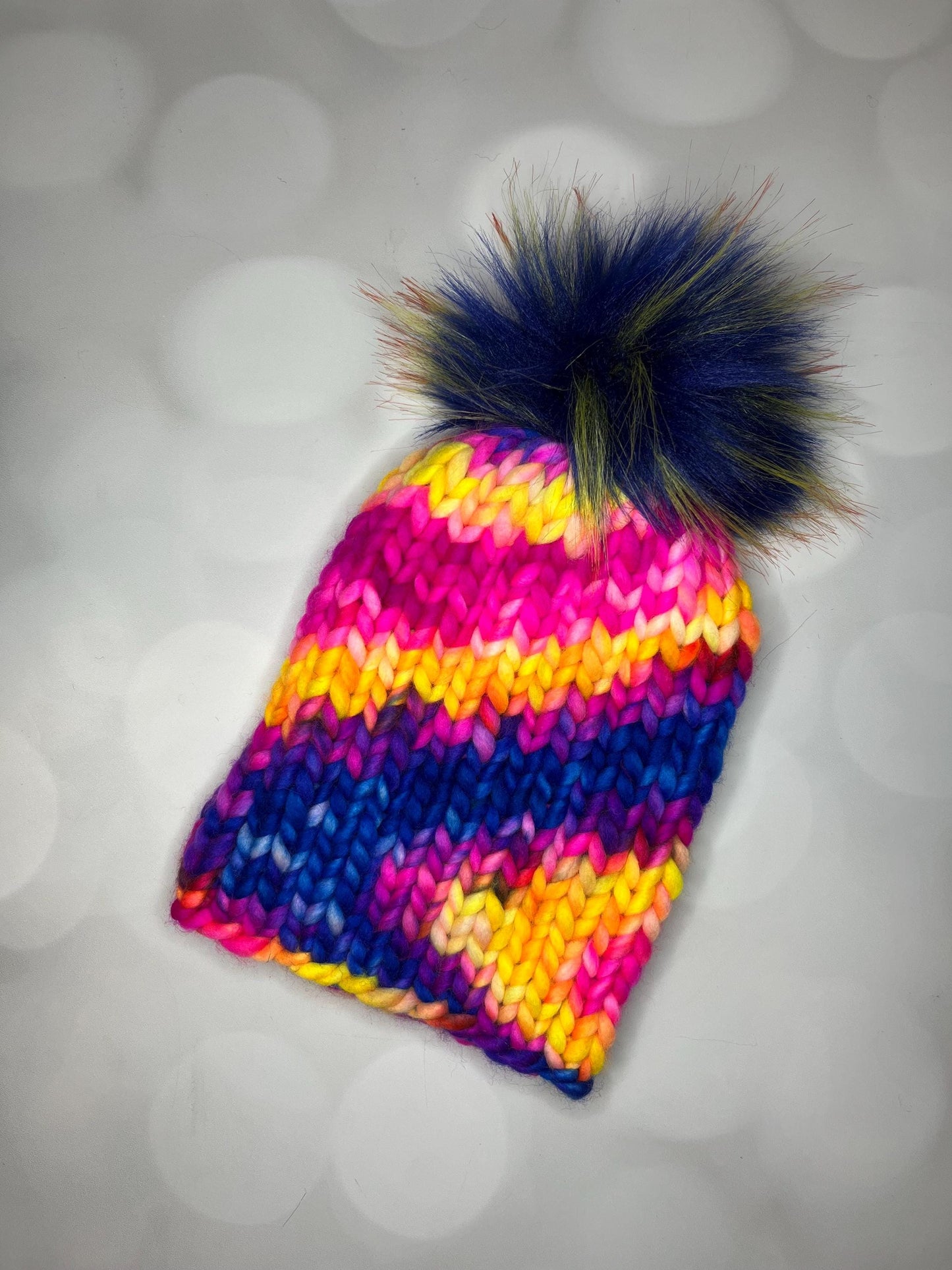 Luxury Bold Pink Merino Wool Ribbed Knit Hat - Pink Blue Yellow Classic Beanie Hand Knit Hat with Hand Dyed Yarn