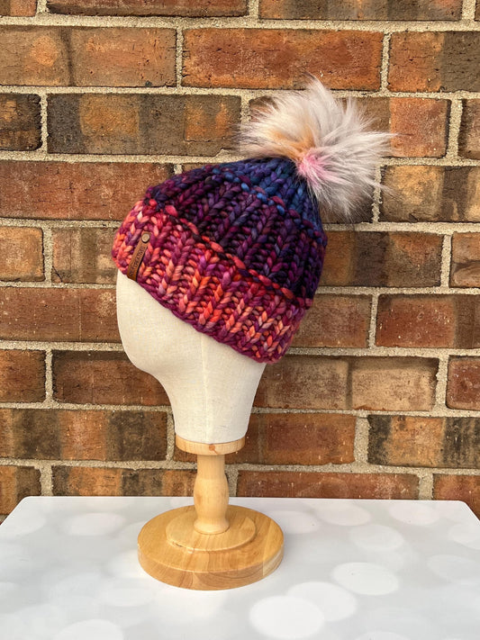 Luxury Purple Blue Orange Merino Wool Ribbed Knit Hat - Teal Green Purple Classic Beanie Hand Knit Hat with Hand Dyed Yarn