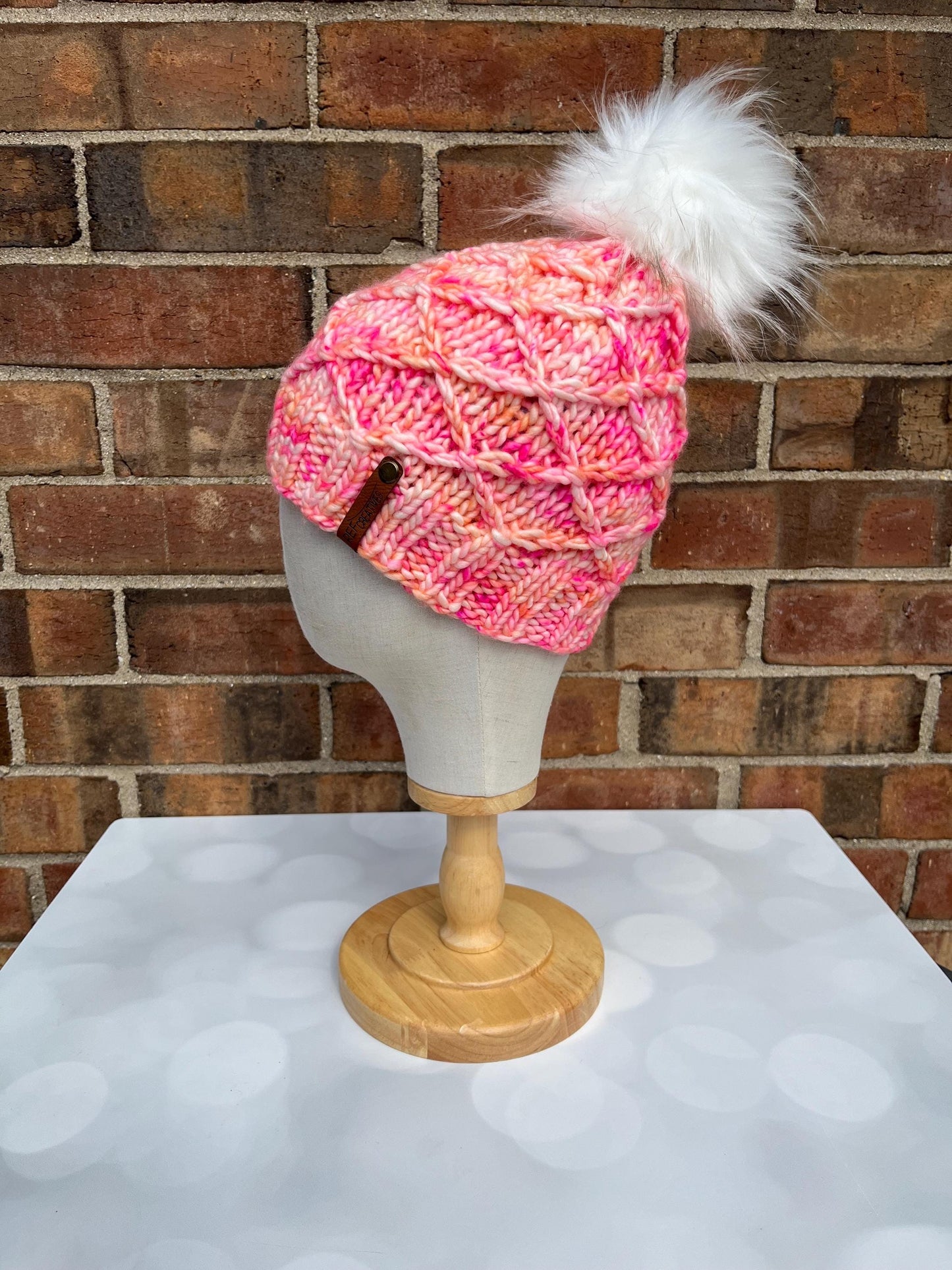 Luxury Pink Merino Wool Knit Hat - Neon Sherbert Lattice Beanie Hand Knit Hat with Hand Dyed Yarn