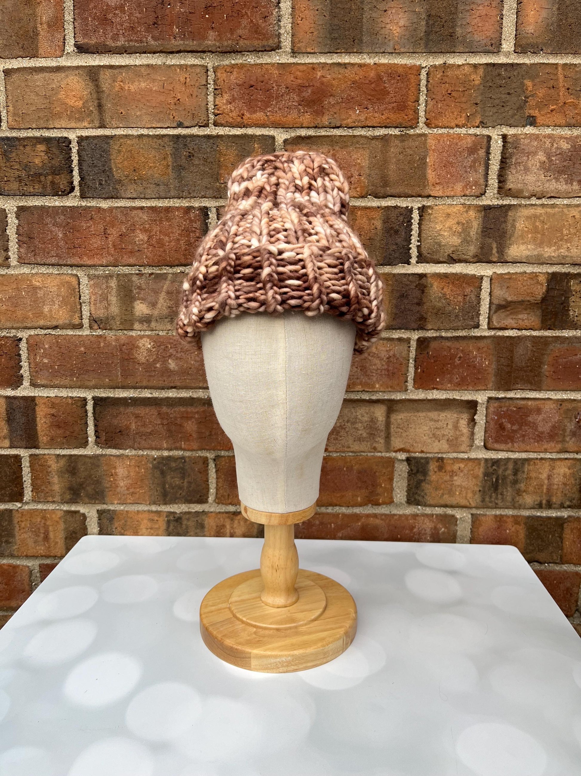 Luxury Brown Merino Wool Knit Hat - Wildwood Folded Brim Beanie Hand Knit Hat with Hand Dyed Yarn