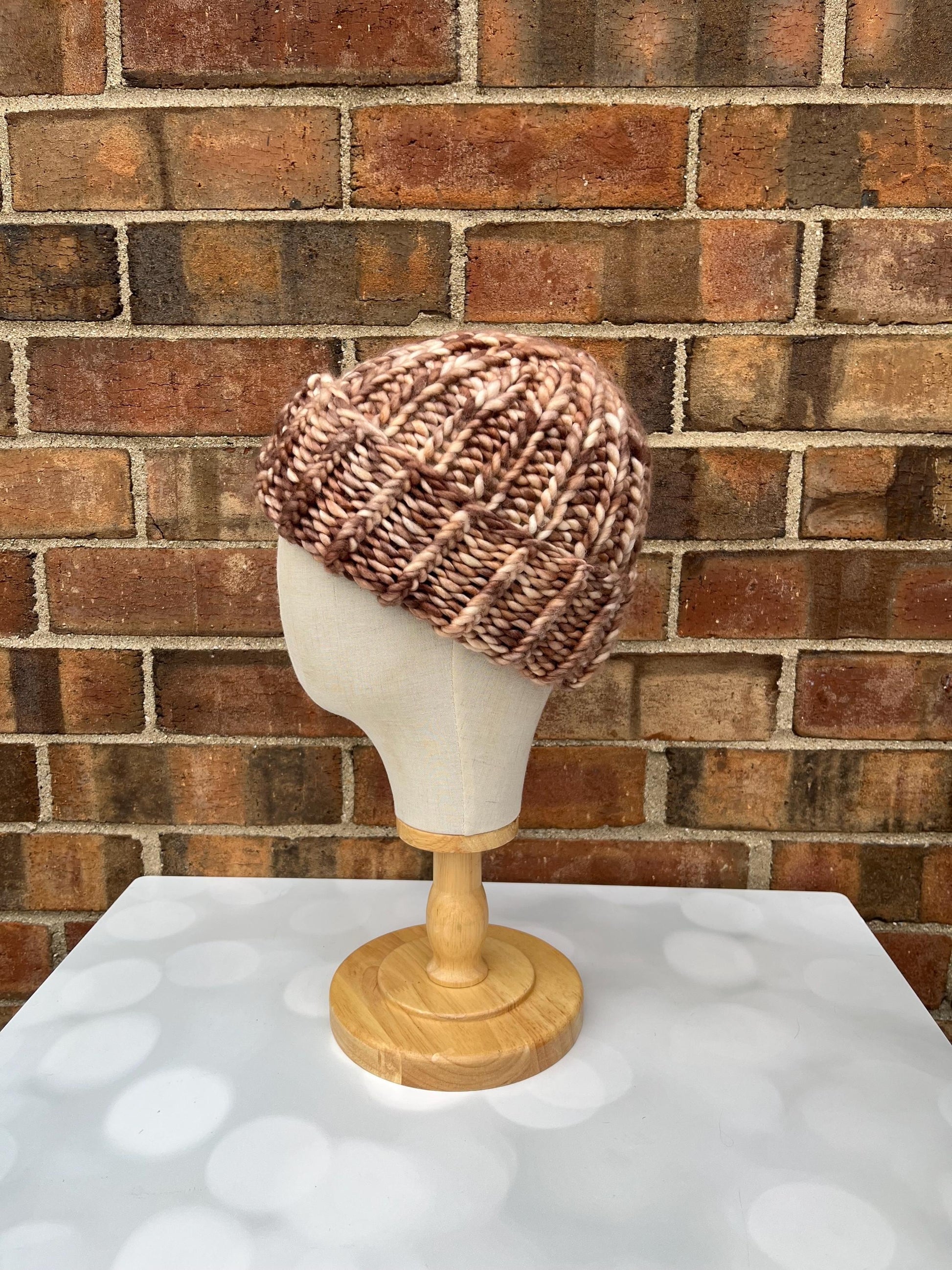 Luxury Brown Merino Wool Knit Hat - Wildwood Folded Brim Beanie Hand Knit Hat with Hand Dyed Yarn