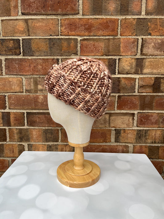 Luxury Brown Merino Wool Knit Hat - Wildwood Folded Brim Beanie Hand Knit Hat with Hand Dyed Yarn