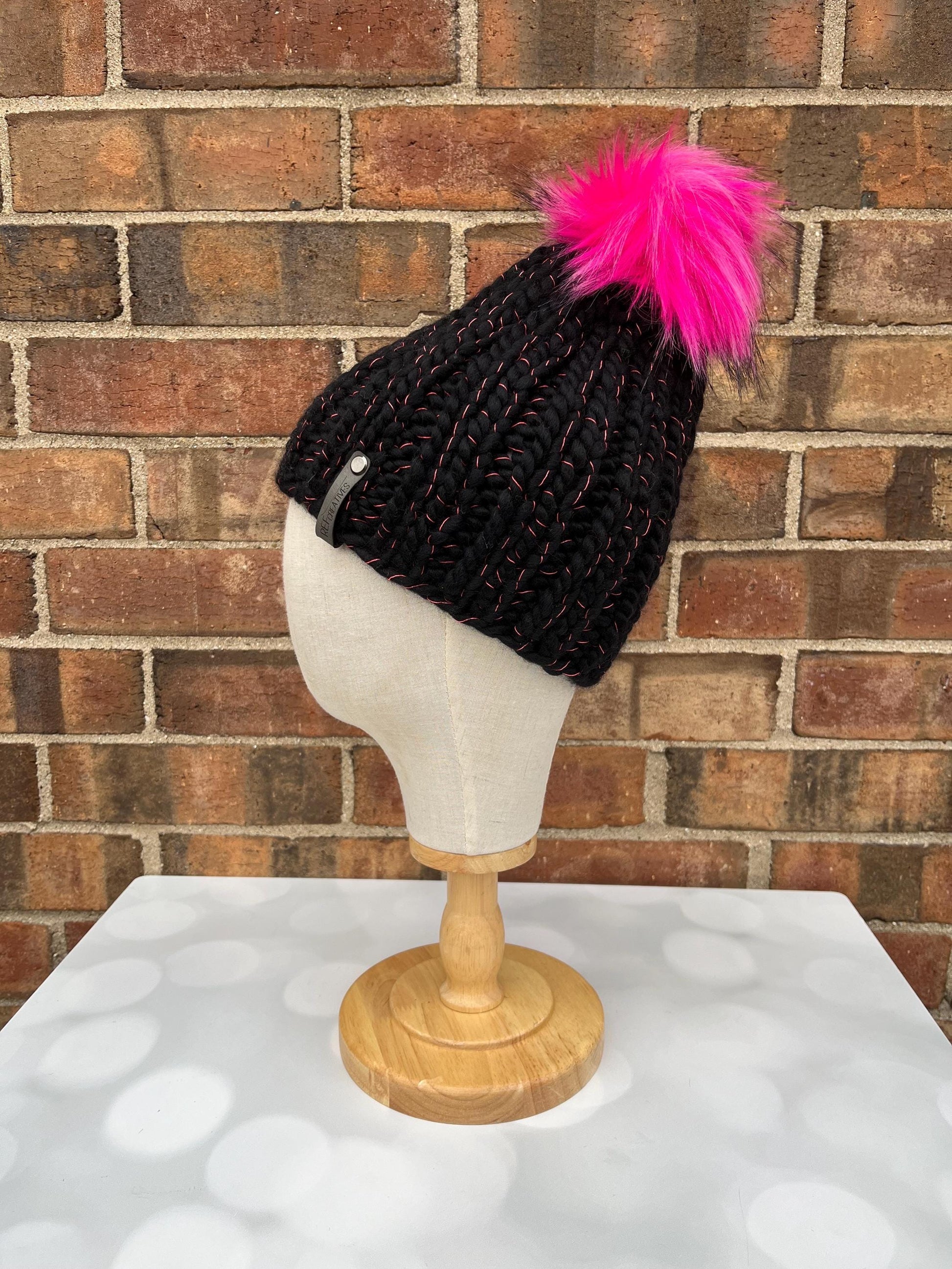 Black Knit Hat - Black and Pink Beanie Hand Knit Hat with Hand Painted Yarn